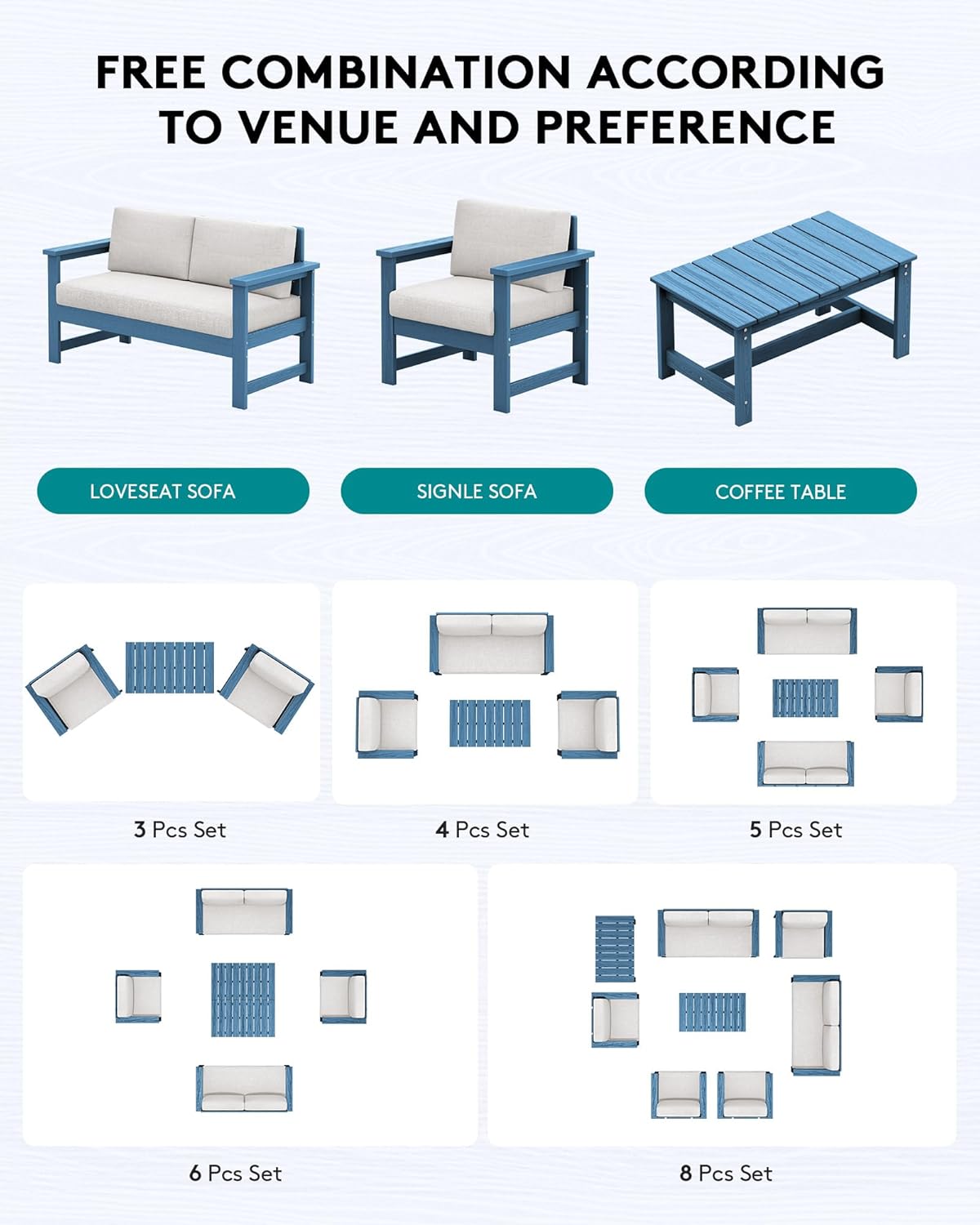 SERWALL 4 Pieces HDPE Outdoor Sofa Set with Cushions, All Weather Use Conversation Couch Set, Outdoor Loveseat Furniture with Coffee Table for Patio, Blue Frame with Khaki Cushions