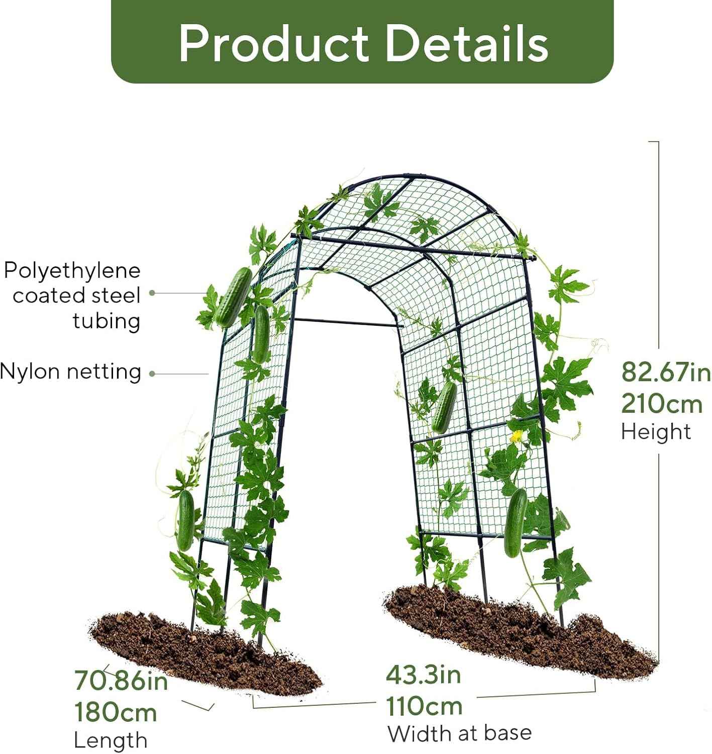 FOLLOOK Garden Arch Trellis for Climbing Plants Outdoor, 7.8 ft Tall Cucumber Trellis for Raised Bed, Plastic-Coated Metal Plant Support Vegetable Squash Pea Bean Grape Vine Arbor, Black