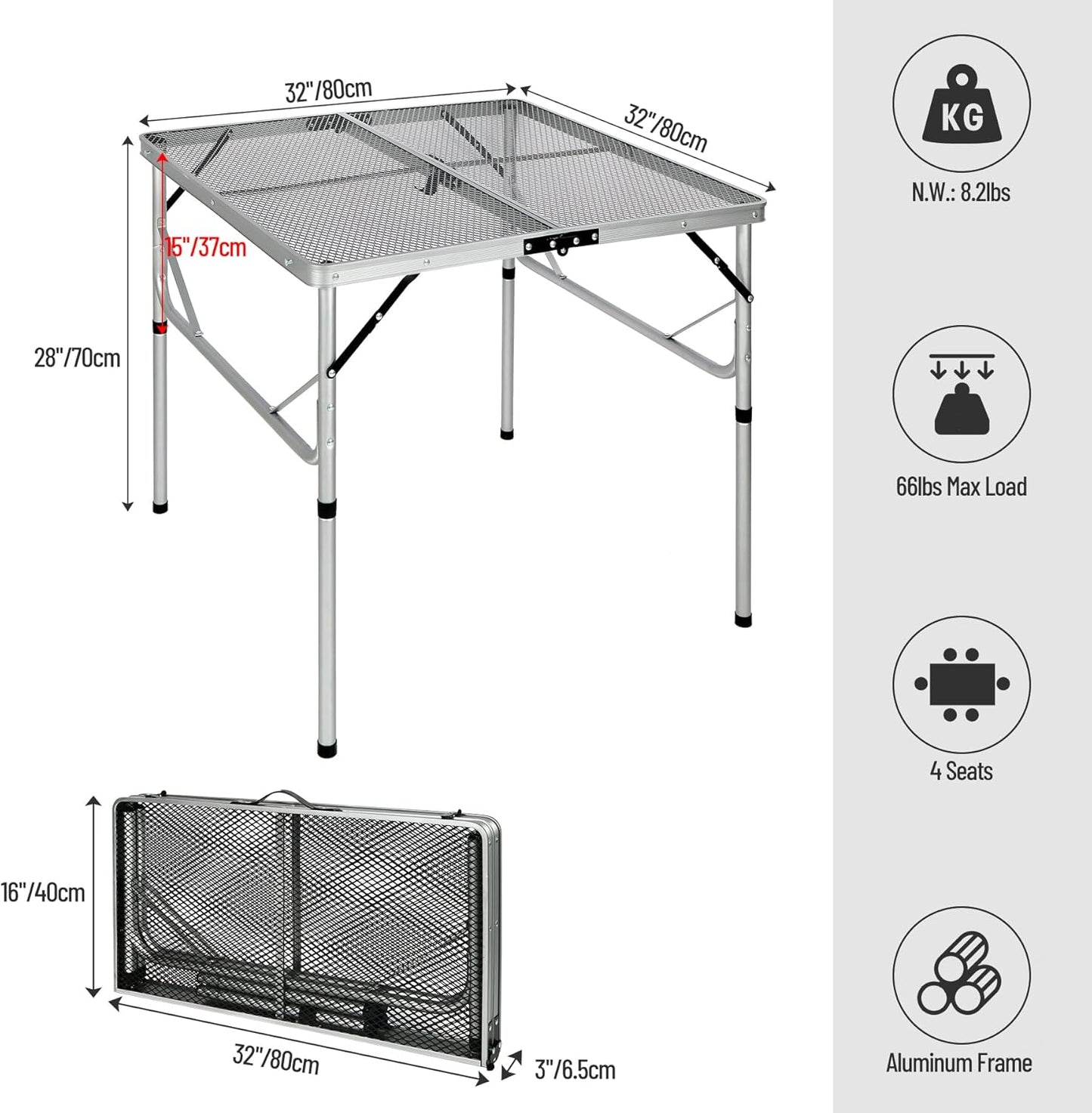 REDCAMP Folding Portable Grill Table for Outside, Lightweight Aluminum Metal Grill Stand Table for Camping Cooking BBQ RV Picnic,Easy to Assemble with Adjustable Heights Legs,Silver 32”x32”