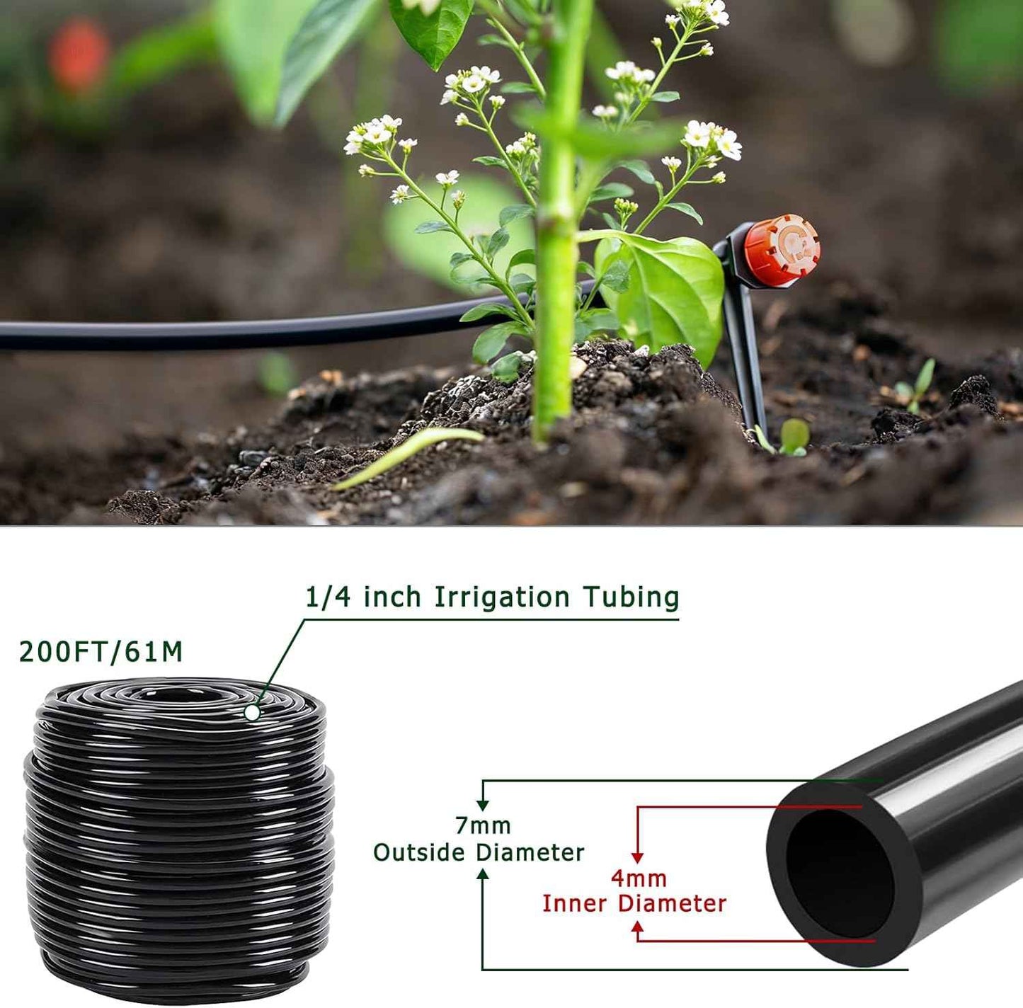 1/4 inch Drip Irrigation Tubing, 200FT/61M Blank Distribution Tubing Drip Irrigation Hose, Garden Watering Drip Line for DIY Drip Irrigation System