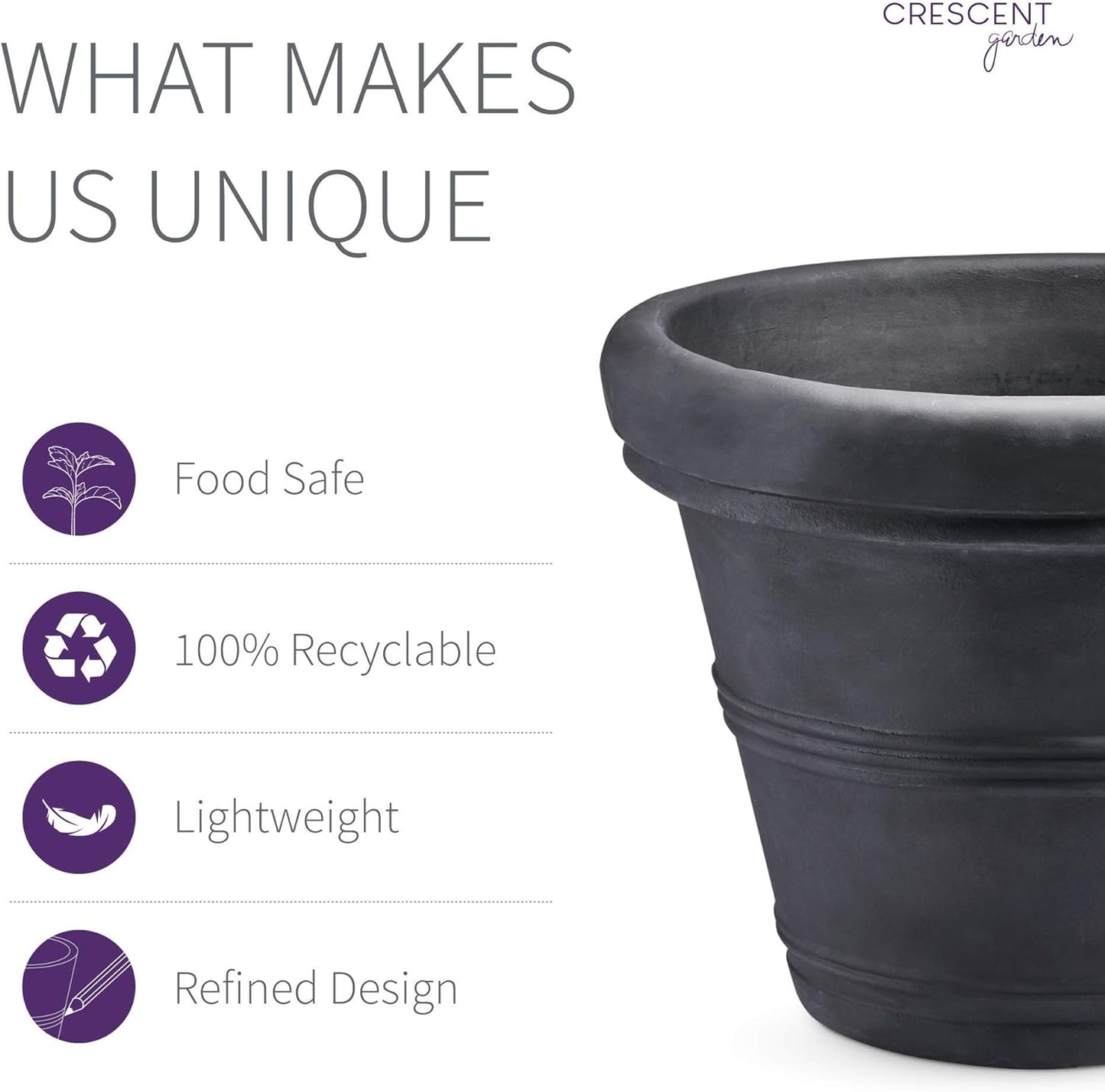 Crescent Garden Brunello Classic Rolled Rim Planter Pot, Indoor/Outdoor Weather-Safe Round Plant Pot, 12'' (Caviar Black)