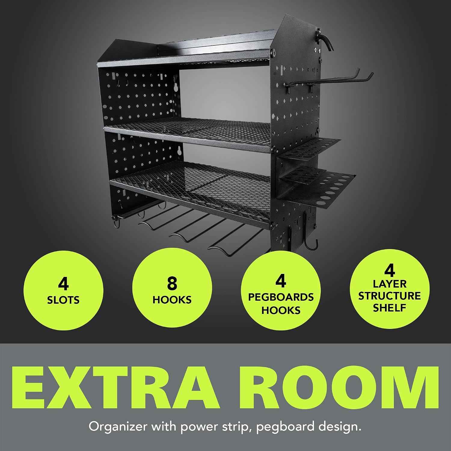 Pearington Modular Pegboard Rack, Power Tool Organizer with Battery Charging Station, Power Strip, 4-Layer Wall Mount Drill Holder