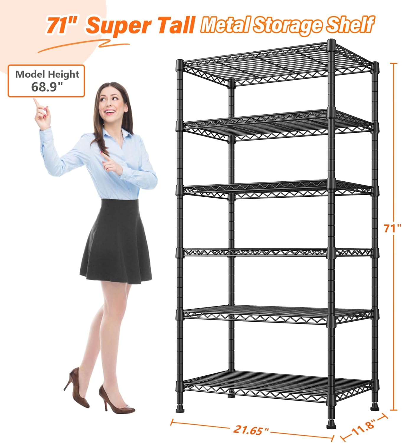 REIBII 6 Tier Shelf Metal Shelving 70"H Storage Shelves Sturdy Wire Rack Shelf Units Adjustable Detachable Storage Shelving Unit for Kitchen Laundry Pantry Garage Commercial 71"H x 21.65"W x 11.8"D