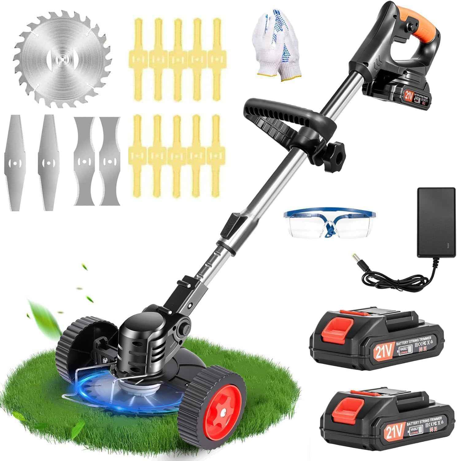 Electric Weed Wacker Cordless, 21V Lightweight Weed Wacker Battery Powered Brush Cutter, 3-in-1 Grass Trimmer/StringlessWeed Trimmer/Edger with Wheels&3Types Blades for Lawn, Garden & Yard