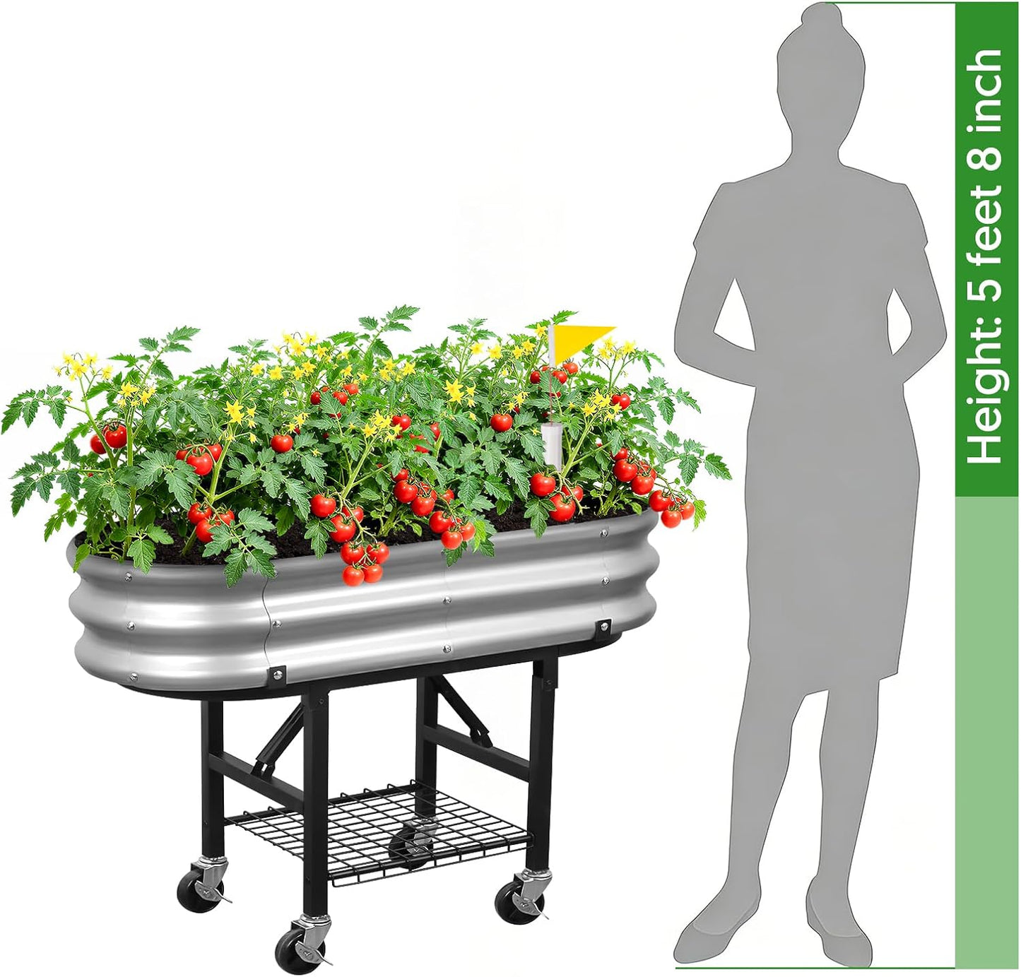 Self-Watering Raised Garden Bed with Legs and Heavy Duty Wheels, Easy-Install Planter Box with Foldable Stand, Galvanized Metal Elevated Wicking Bed with Liner for Indoor Outdoor Gardening