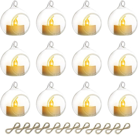 NUPTIO Hanging Glass Globe with Candles: Set of 12 Tealight Candle Holders with LED Tea Lights - 2.36 inch Bulk Clear Votive Candleholders for Party Wedding Birthday Shower Celebration Tree Decoration