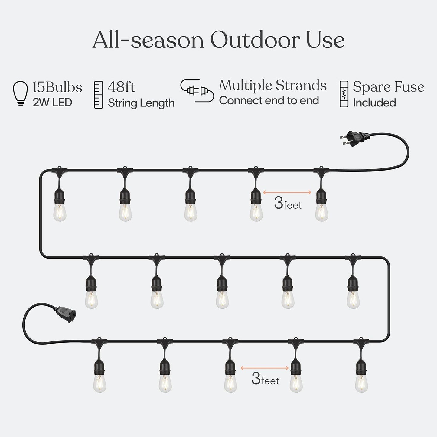 Brightech Ambience Pro - Waterproof LED Outdoor String Lights - 15 Hanging, Dimmable 2W Vintage Edison Bulbs - 48 Ft Commercial Grade Patio Lights Create Cafe Ambience in Your Backyard