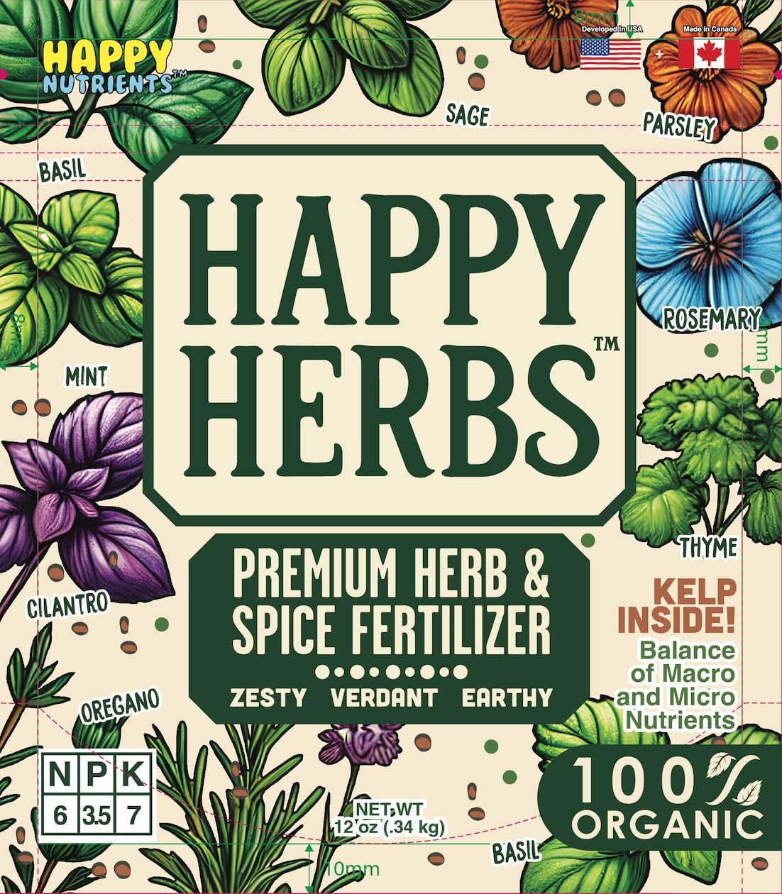 Fertilizer for Herbs Happy Herb Organic Fertilizer by Happy Nutrients – Plant Food for Basil, Mint, Cilantro, Rosemary, Thyme & More – Macro & Micro Nutrients for Home Gardens – 12 oz (0.34 kg)