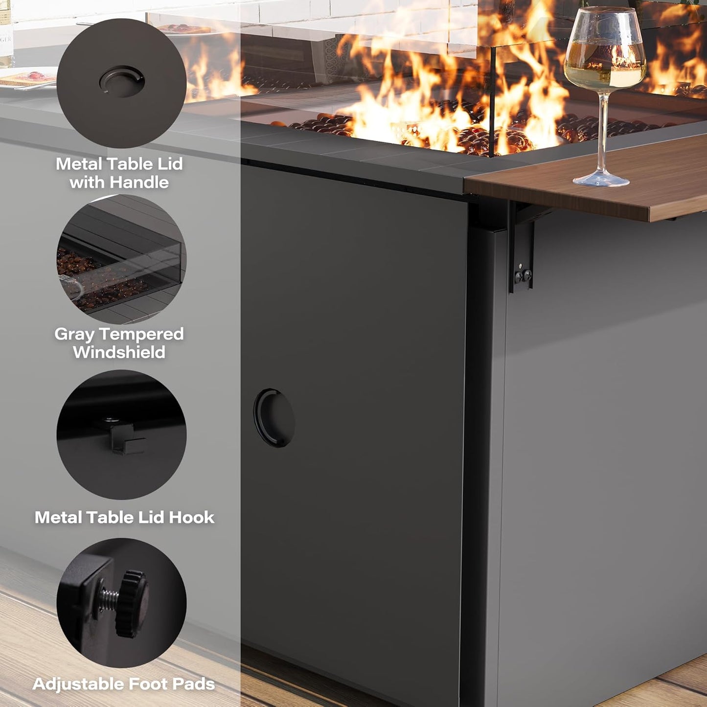 LAUSAINT HOME 64" Gas Fire Pit Table for Outside Patio, 55,000 BTU Propane Firepit with Expandable Tabletop & Wind Guard