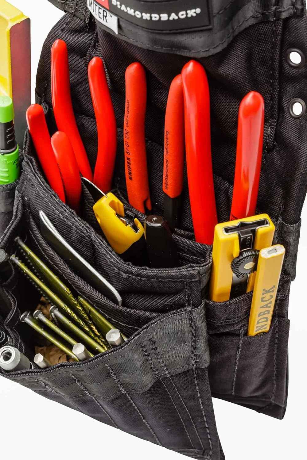 The Diamondback Miter Tool Pouch - Clip-On Tool Belt Pouch with 3 Pockets, 7 Slots, & 3 Loops- Lightweight Belt - Durable Tool Pouch with Belt Clip 15.25"x10.25", 1 lb (Black)