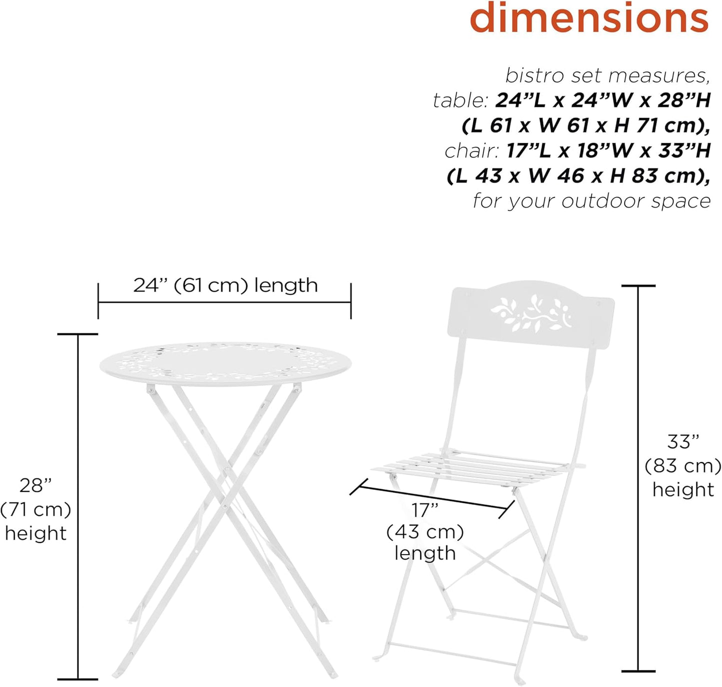 Alpine Corporation Indoor/Outdoor 3-Piece Bistro Set Folding Table and Chairs Patio Seating, White