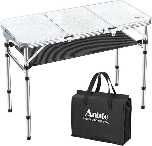 Folding Camping Table with Storage Net, 3ft Camping Table Aluminum Folding Table with 3 Adjustable Height Max 27.1 Inch, Portable, for Outdoor Backyard BBQ, Silver