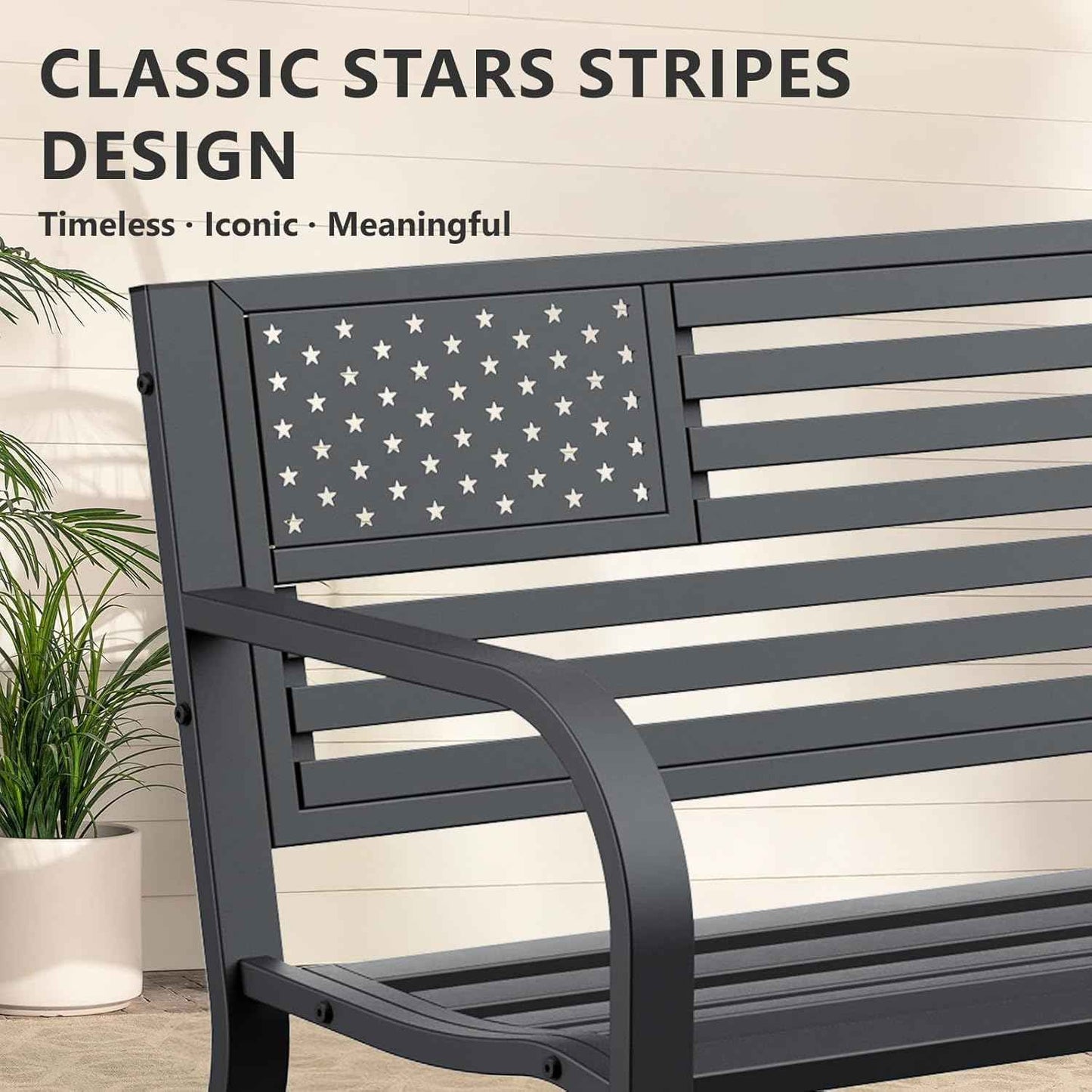 Outdoor Bench, Sturdy Metal Garden Bench with Classic Stars and Stripes Design Metal Backrest, 2-Person Patio Bench for Outside Seating, Cast Iron Steel Porch Yard Lawn Furniture, Black