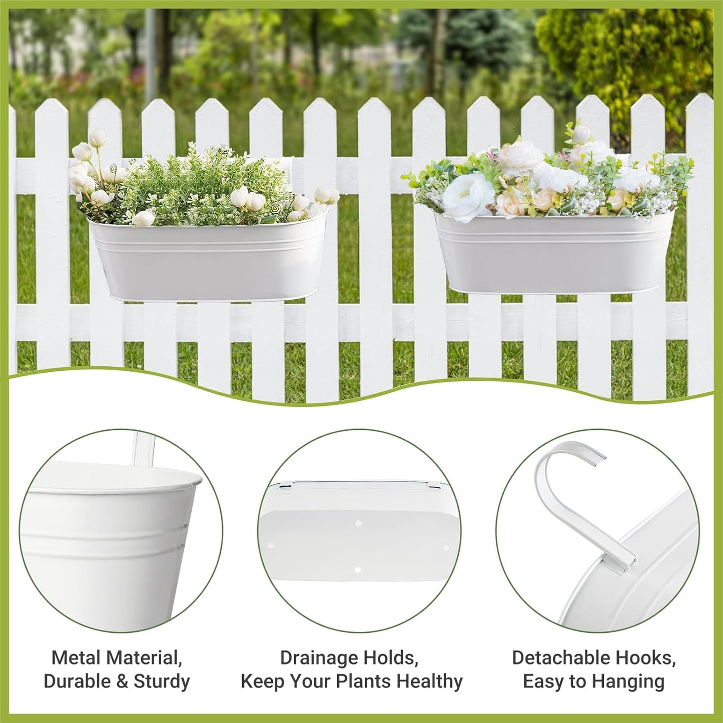 Dahey 5 Pcs Metal Iron Hanging Flower Pots for Railing Fence 15.7 Inch Hanging Bucket Pots Countryside Style Window Flower Plant Holder with Detachable Hooks for Garden Yard Home Decor, White