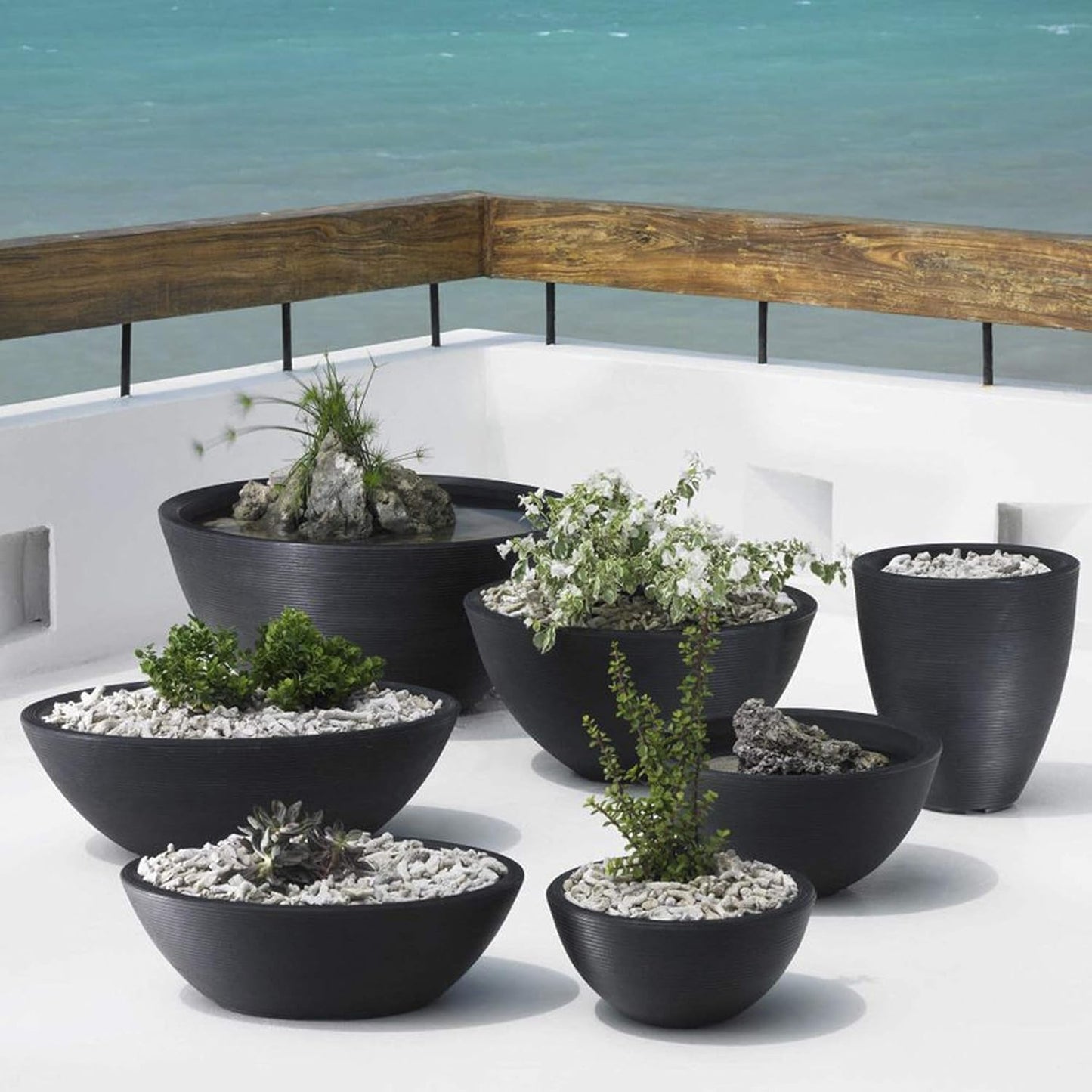 Crescent Garden Delano Bowl Planter, Large Outdoor Round Shallow Plant Pot for Water Garden, Bonsai Plant Pots, Succulents with Drain Hole - Double Walled Bowl Lotus Pot, 26" W (Midnight)