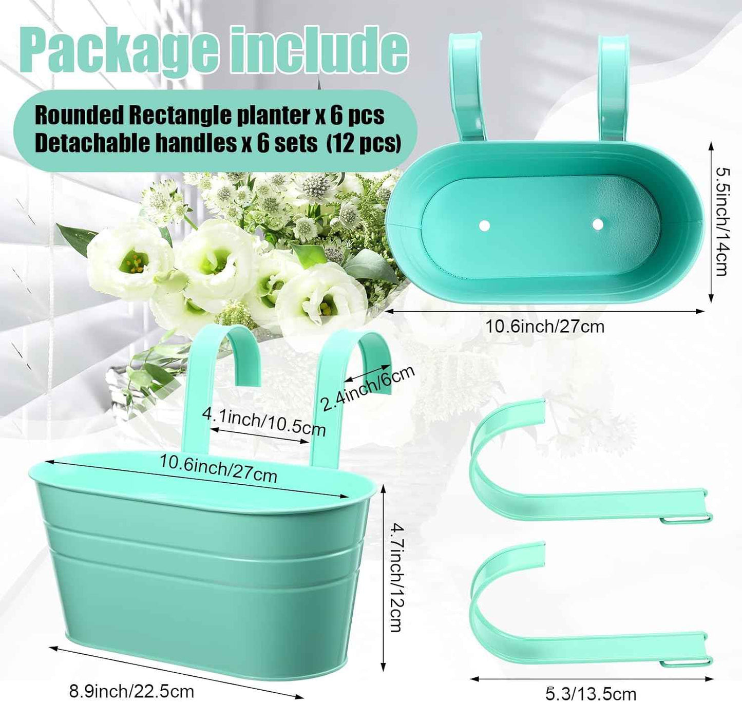 6 Pack Hanging Flower Pot Colorful Metal Iron Bucket Fence Hanging Planters with Detachable Hook Bucket Flower Holder for Railing Balcony Garden Yard Spring Decor(Round,10.6X 5.5 x 4.7 in)