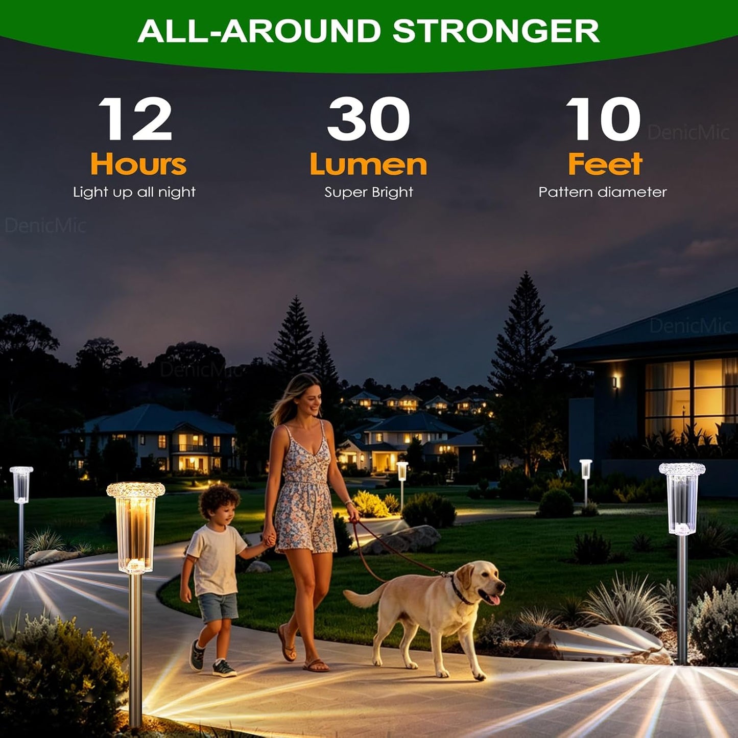 DenicMic Solar Lights Outdoor 4 Pack LED Waterproof Outside Pathway Lights for Yard Garden Walkway Driveway Landscape Path Lighting, Bright LED 3000K/4000K/6000K/6 Fixed Colors/Color Changing