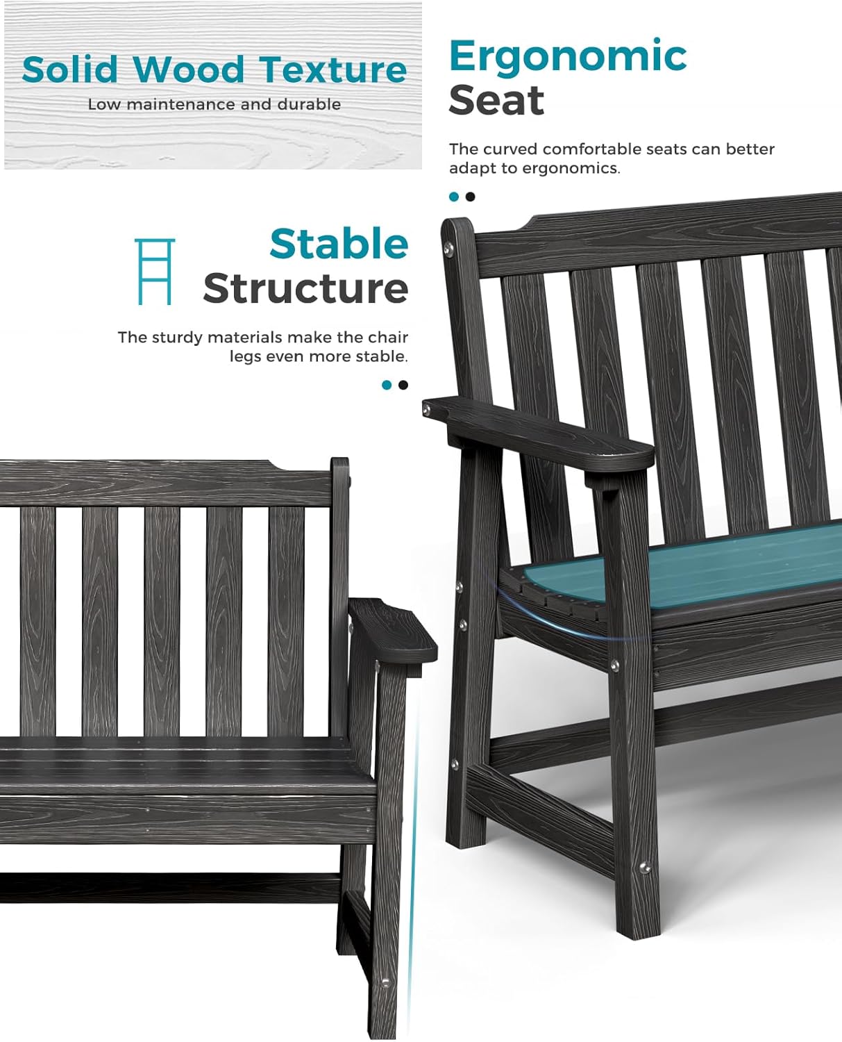 Outdoor Bench, 2-Person HDPE Garden Bench, All Weather Poly Patio Bench for Outdoors, Garden, Backyard, Porch and Park, 660 lbs Weight Capacity, Black