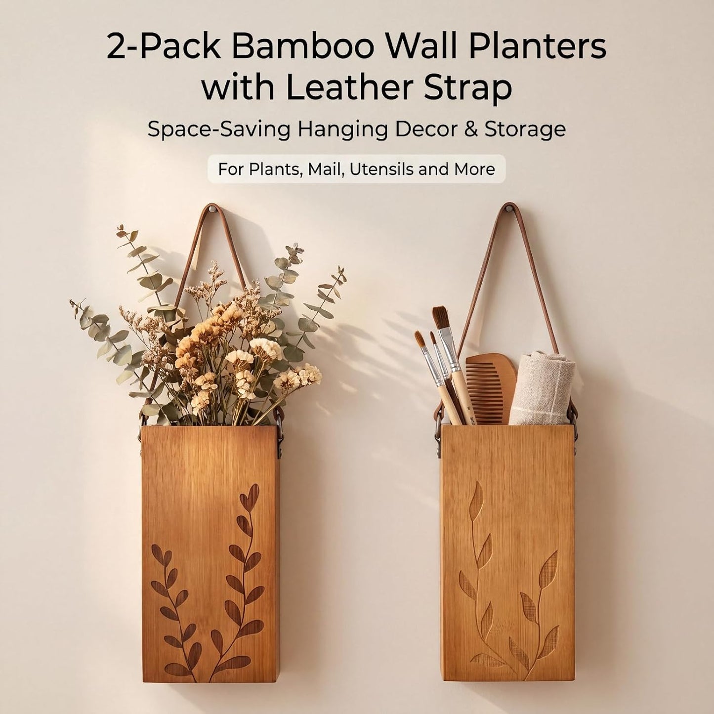 Set of 2 Bamboo Wall Planters Indoor Plants Brown Wood Wall Vase with Durable Leather Handle Boho Wall Decor Living Room Hanging Propagation Stations for Dried Flowers Paintbrushes