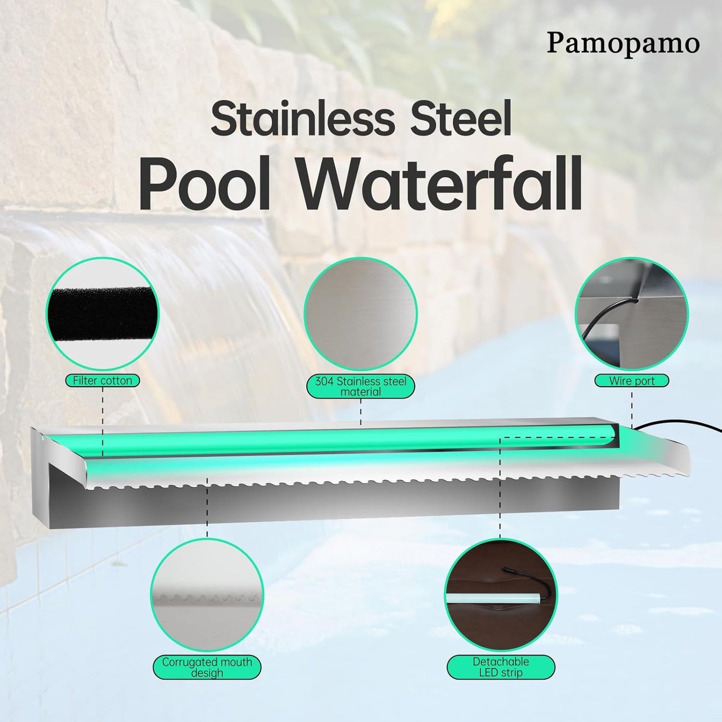 Pond Waterfall Spillway Stainless Steel Pool Fountain, APP Control LED Lighted Waterfalls Kit, Outdoor Water Flow Waterfalls Kit for Garden Patio Koi Pond Decoration-23.6"x7.8"x3.9"