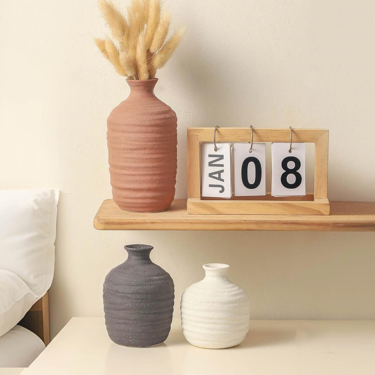 Ceramic Vase Set of 3 Decorative Vase for Home Decor Modern Farmhouse Decor Pottery Neutral Vases for Living Room Bathroom Table Mantel Fireplace Entryway Shelf (02-Brown)