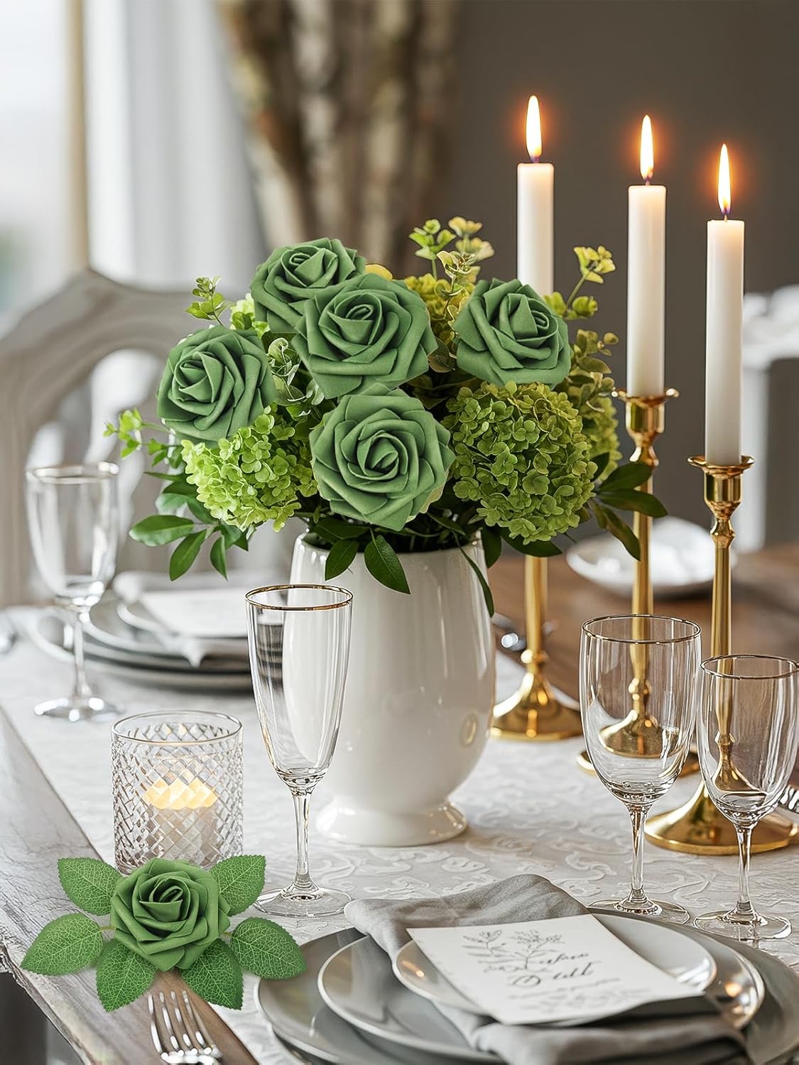 N&T NIETING Artificial Flowers Roses Army Green Foam Rose 50pcs Fake Flowers with Stem for DIY Wedding Bouquets Centerpieces Bridal Baby Shower Party Home Shower Arrangement Decoration