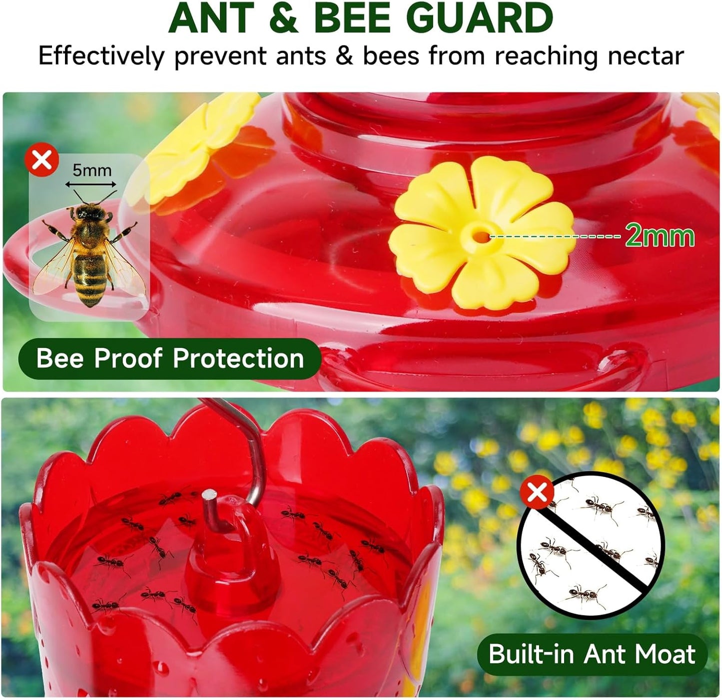 Glass Hummingbird Feeder, 2-Pack 13 OZ Red Hummingbird Feeders for Outdoors with Ant Moats & Bee Guards, Wide Mouth for Easy Cleaning, Leak-Proof Nectar Feeders, Garden Backyard Décor Gifts