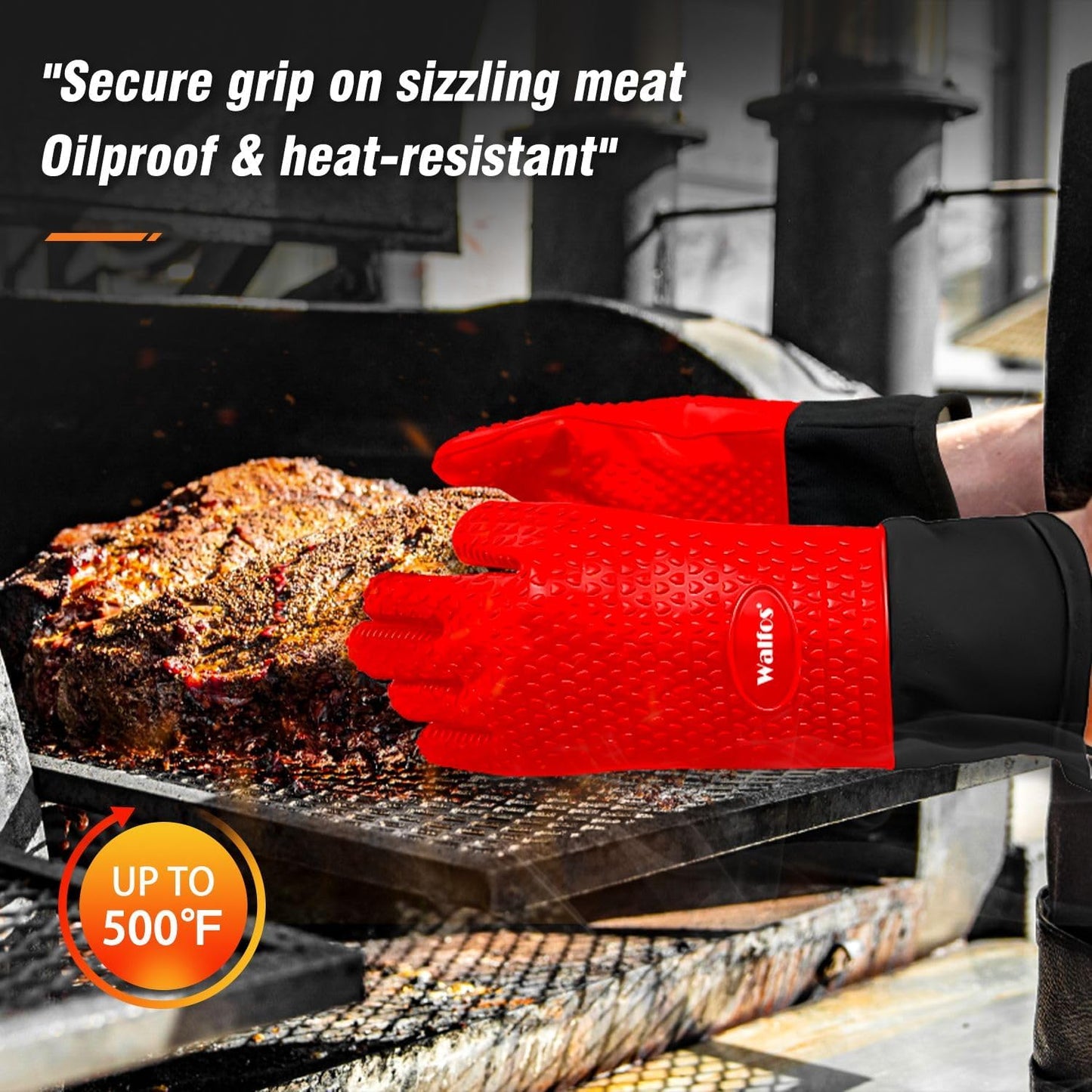Walfos Silicone BBQ Gloves - Heat Resistant Grilling Gloves Set with Pork Shredder Claws & Brush, Non-Slip Kitchen Silicone Oven Mitt with Protective Cotton Layer, Suit for Indoor & Outdoor, Red