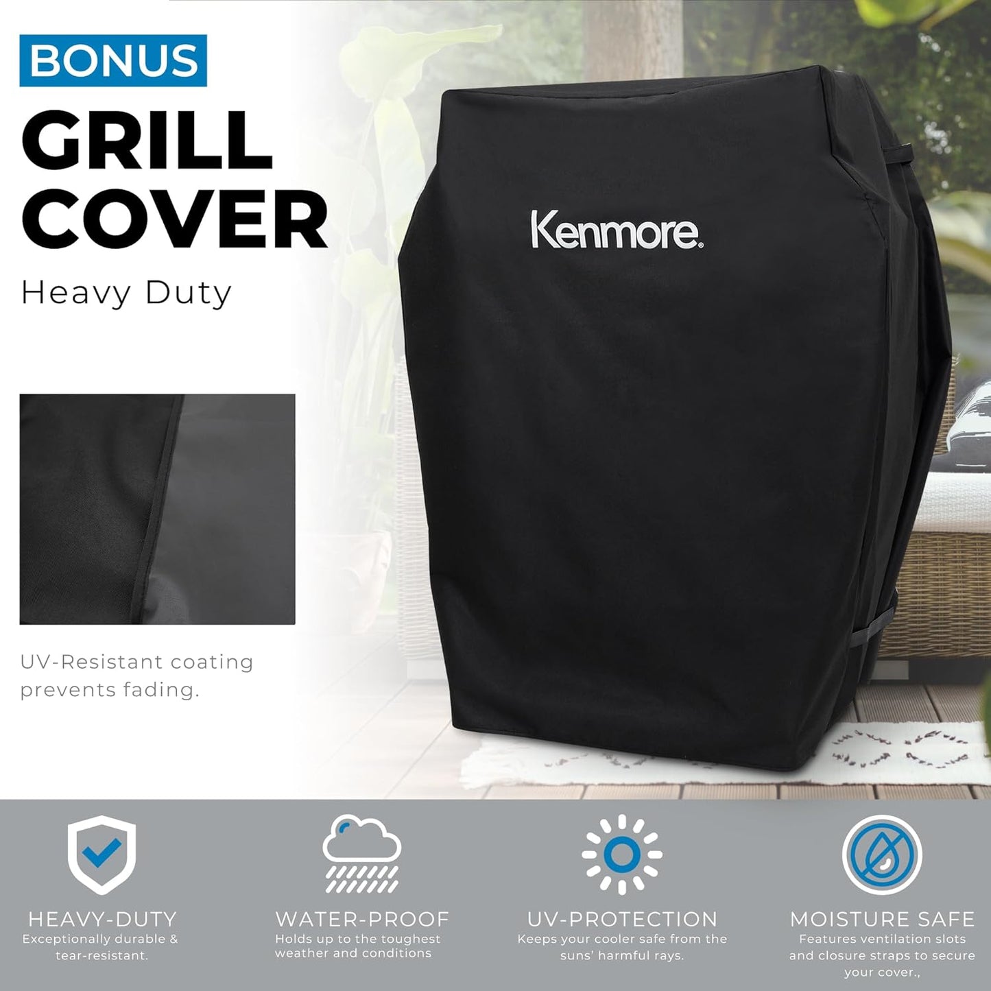 Kenmore 3-Burner Propane BBQ Grill, 30,000 BTUs Gas Grill with Cast Iron Cooking Grates, Folding Side Tables & Wheels, Outdoor Grill with Tool Hooks, Teal + Bonus Cover