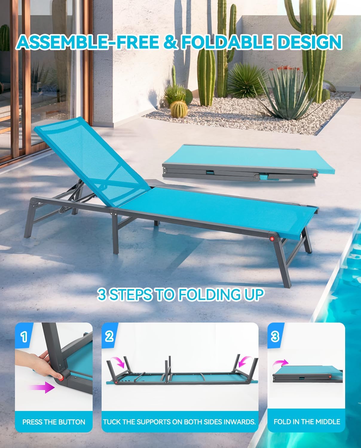 Aluminum Chaise Lounge Outdoor, Foldable & Assemble-Free Lounge Chair Outdoor Set of 2, Lounge Chair with 5 Adjustable Backrest, Patio Lounge Chair for Outside, Poolside, Beach, Pool, Grey