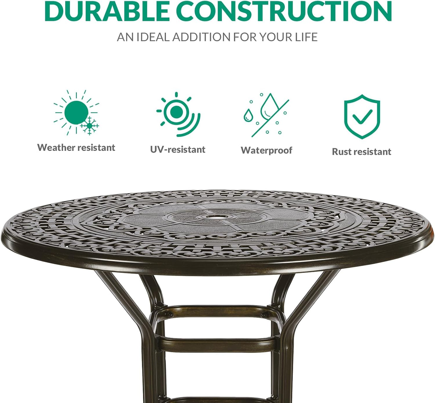 VIVIJASON 5-Piece Patio Swivel Bar Stools Set, All Weather Cast Aluminum Outdoor Bar Height Bistro Set with 4 Cushioned Bar Chairs & 38.5" High Bar Table w/Umbrella Hole for Backyard, Lawn, Garden