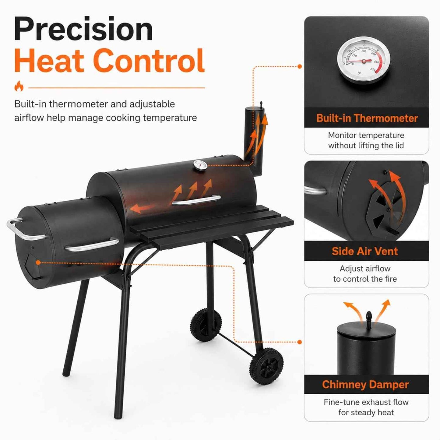 Outdoor Charcoal Grill & Smoker Combo - Dual Chamber, Heavy-Duty Steel, Black - Ideal for BBQ, Backyard Cooking, Camping - Portable Grill with Enhanced Thermometer, Easy Mobility，camping grill