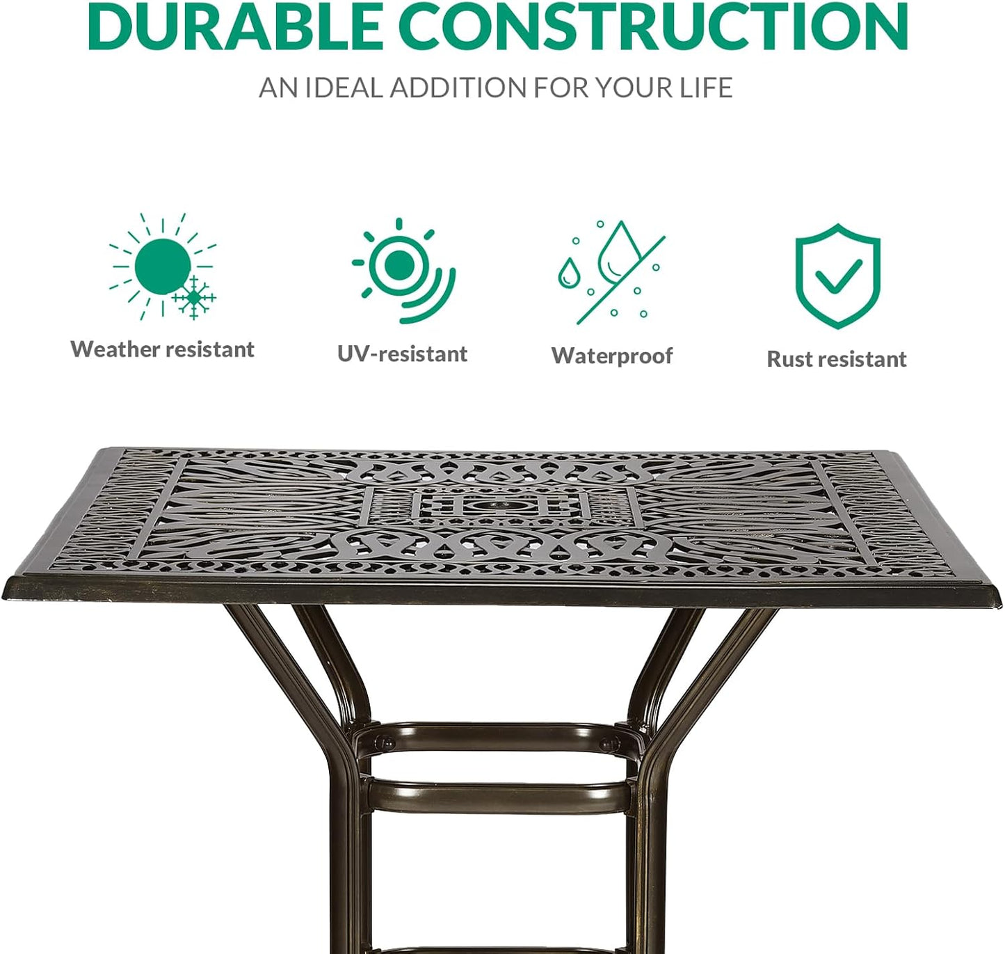 VIVIJASON 5-Piece Bar Height Patio Dining Set, All Weather Cast Aluminum Outdoor Table and Chairs Set with 4 Swivel Bar Stools, Cushions & 35.4" High Bar Table w/Umbrella Hole for Deck, Lawn, Garden