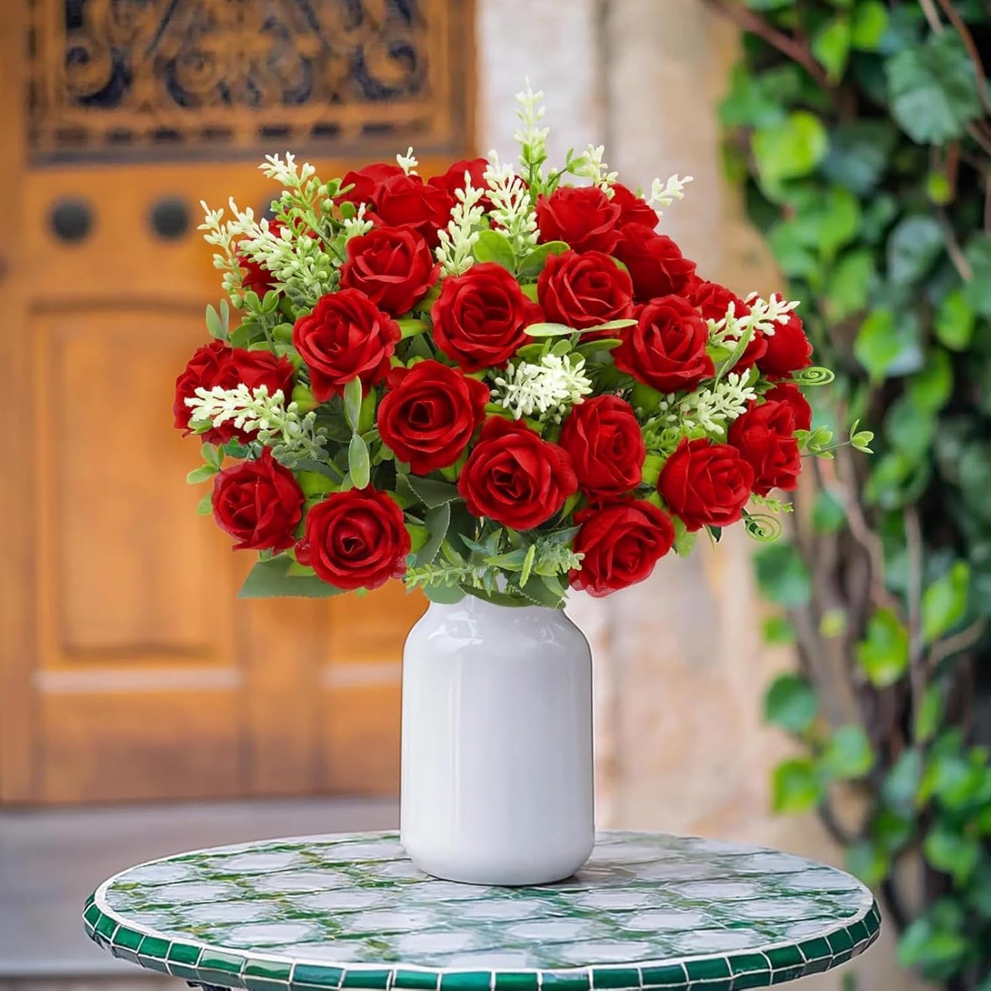 TURNMEON 40 Heads Fake Roses Artificial Flowers for Outdoors Summer Decor, 4 Bouquets UV Resistant Fake Flower Bouquet Faux Silk Roses for Wedding Birthday Party Home Indoor Cemetery Decor(Red)