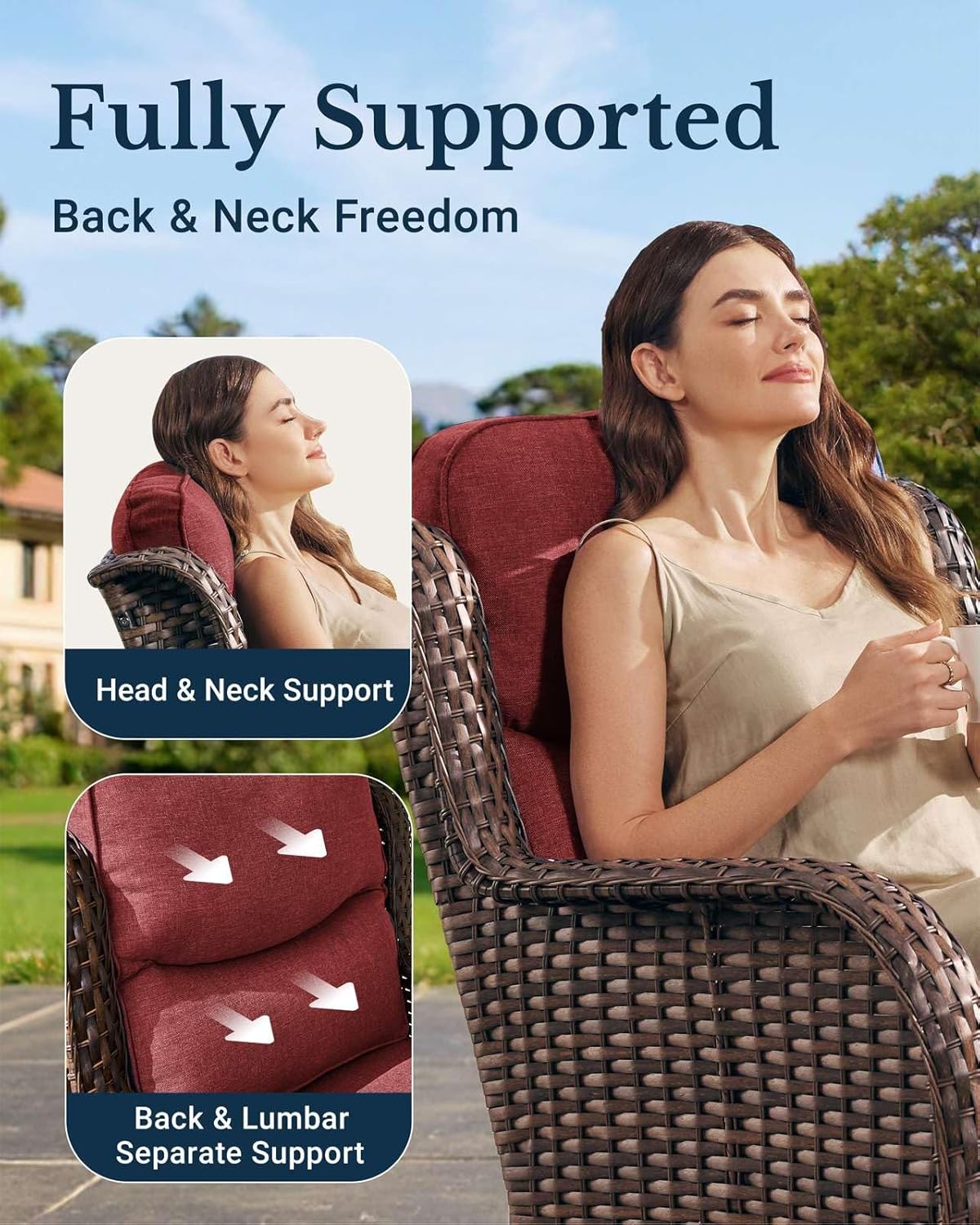 HILLGA Luxury Patio Furniture Set with 6-inch Thick Cushion, Outdoor Couch and High Back Swivel Rocker Patio Chairs, 7PCS Wicker Conversation Set for Deck Yard and Poolside, Burgundy (V2)