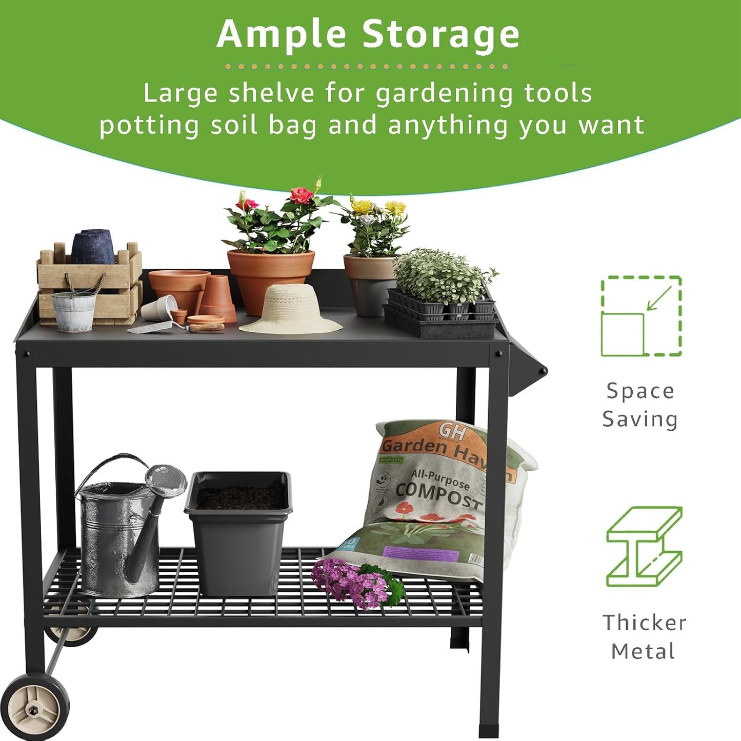 Metal Potting Bench with Wheels Planting Table for Outdoor Gardening Work Benches for Outside Potters Station Weatherproof