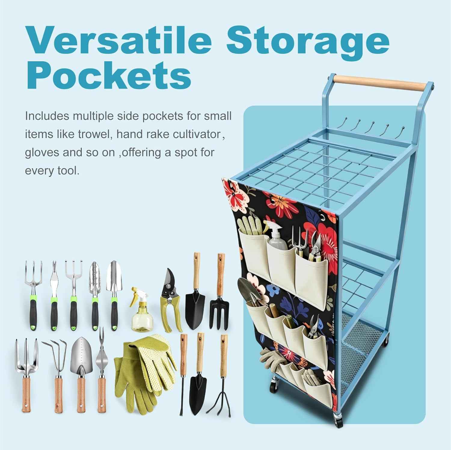 Garden Tool Organizer with Wheels Heavy Duty Yard Tool Organizer Rack with Side Storage Pockets Sturdy Metal Steel Holder with 6 Hooks for Garage, Yard, Patio, Shed