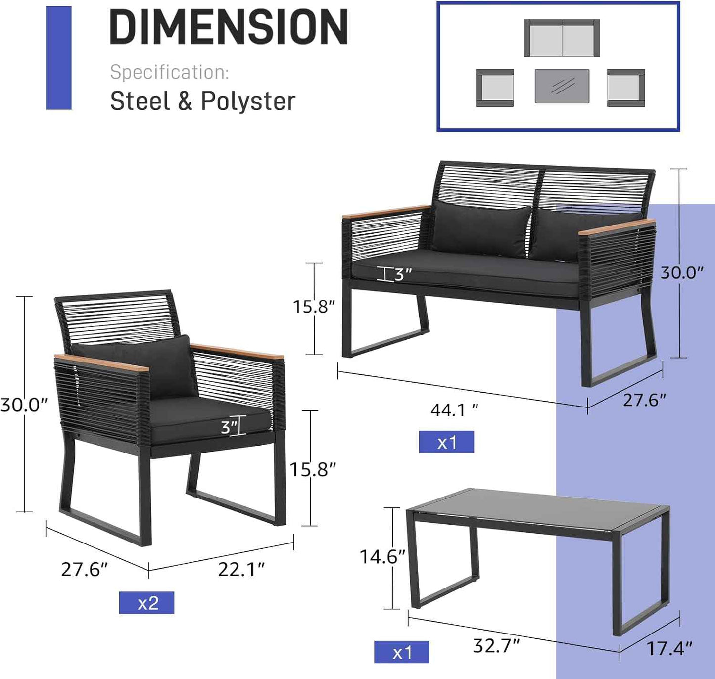 Patiorama 4 Piece Patio Furniture Set, Outdoor Wicker Bistro Set, All-Weather Black PE Rattan Conversation Set w/Coffee Table, Loveseat, Wood-Like Armrest, Cushions for Garden Balcony Deck, Dark Grey