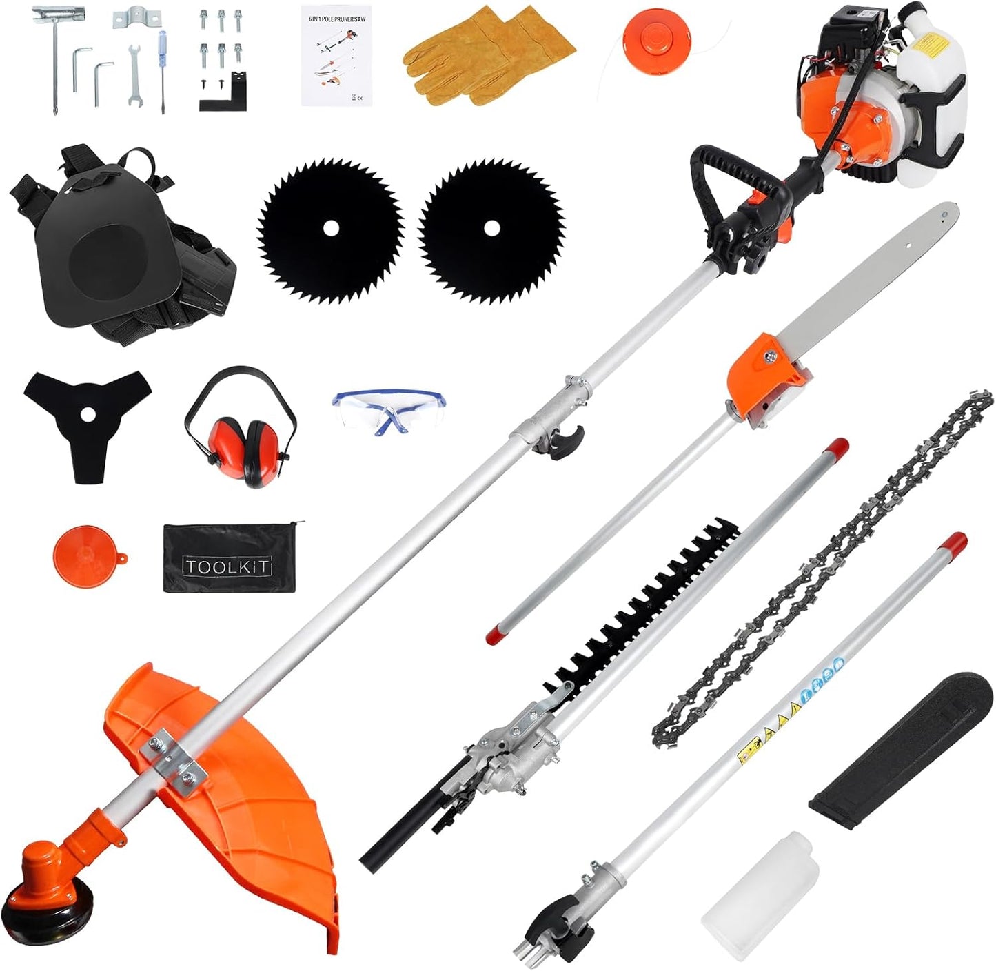 52cc Gas Weed Wacke, 6 in 1 Weed Eater 2-Stroke Gas String Trimmer Brush Cutter Gas Grass Trimmer Lawn Mower Grass Cutter