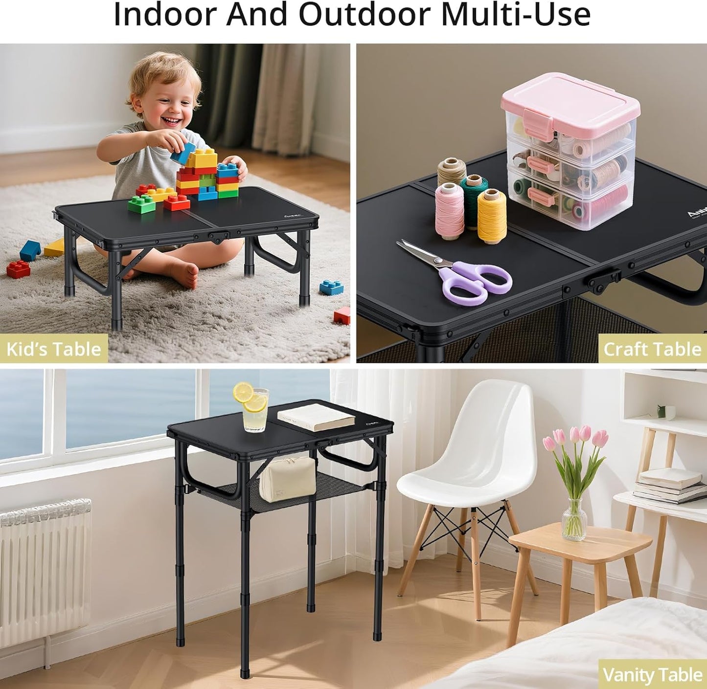 Folding Camping Table with Storage Net, Pure Black Aluminum 2ft Picnic Table 23.2" x 16" Outdoor Table Adjustable Height Max 27.5", Lightweight, Waterproof, Portable Handle for Travel Cooking