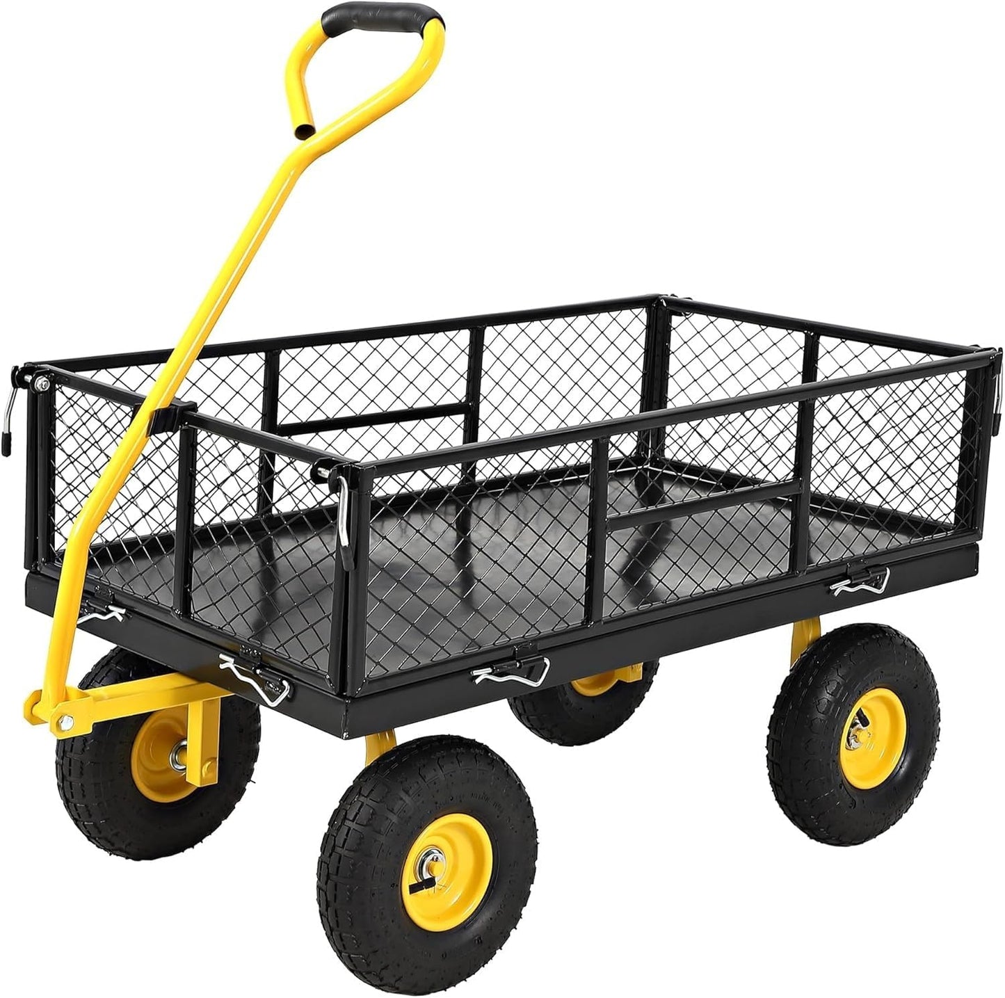 900 Lbs Heavy Duty Steel Garden Cart, Garden Wagon Cart on Wheels, Outdoor Metal Yard Utility Wagon Carts with and Mesh Removable Sides(Convert to Flatbed) and 180°Rotating Handle,Black