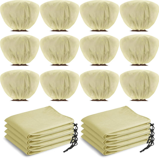 12 Pcs Winter Plant Covers Freeze Protection 39.4x23.6 Inch Horizontal Shrub Tree Rose Plant Protection Bags Frost Blanket with Drawstring for Fall Winter Outdoor Garden Planting (Beige)