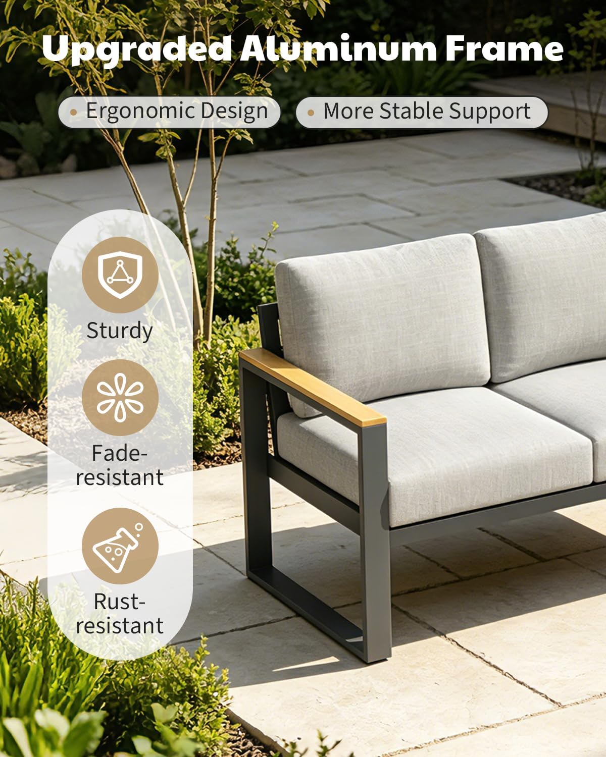 Modern Aluminum Patio Loveseat and Coffee Table Set - All-Weather Outdoor Furniture - Washable Thick Cushions - Rust Resistant, Easy Assembly - Comfortable for Balcony, Garden, Deck, Backyard - Gray