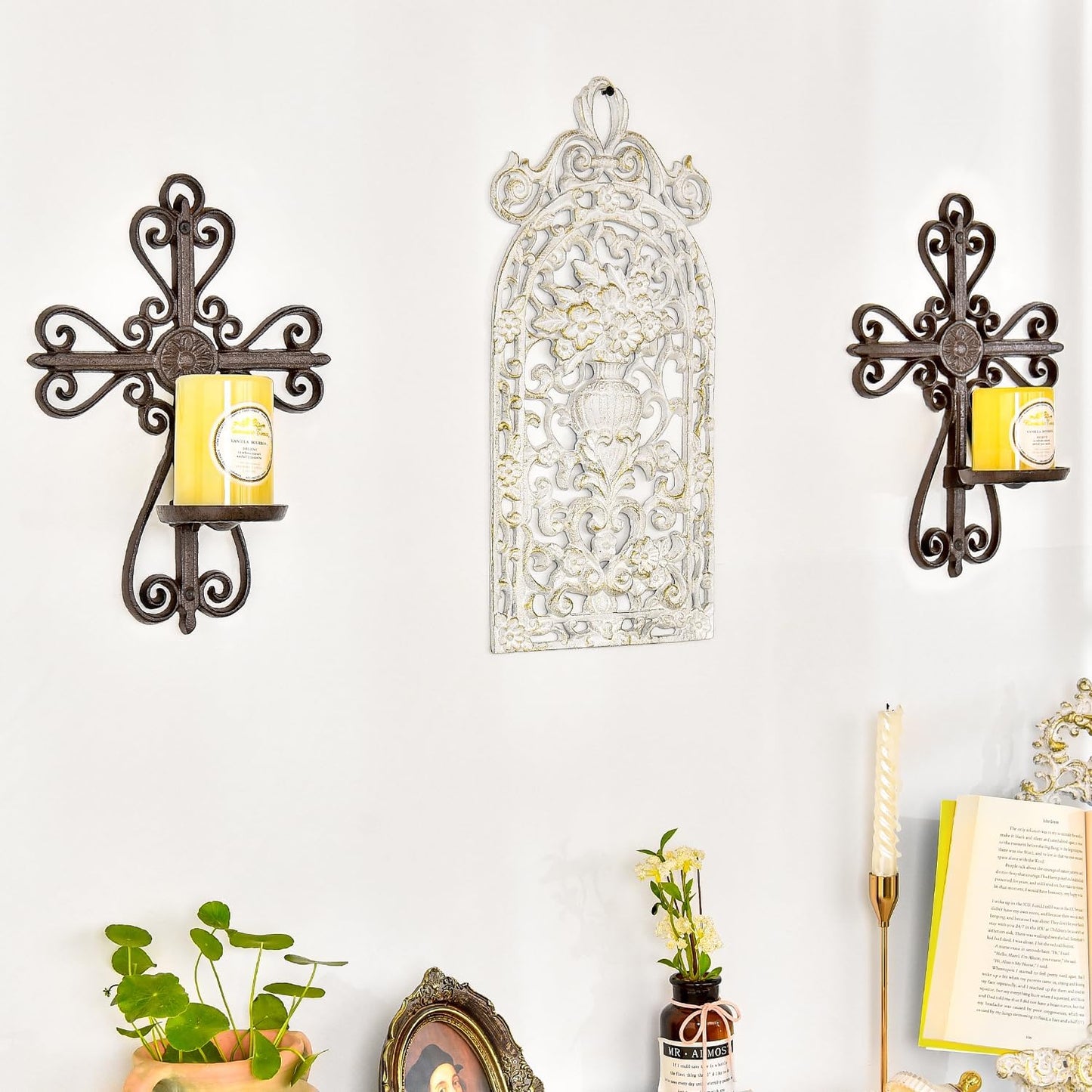 Sungmor Cast Iron Candle Sconces Set of 2, Decorative Wall Mounted Candle Holder, Vintage Cross Shape Home Candle Display Holder, Gothic Wall Sconce Kitchen Dining Living Room Patio Decor