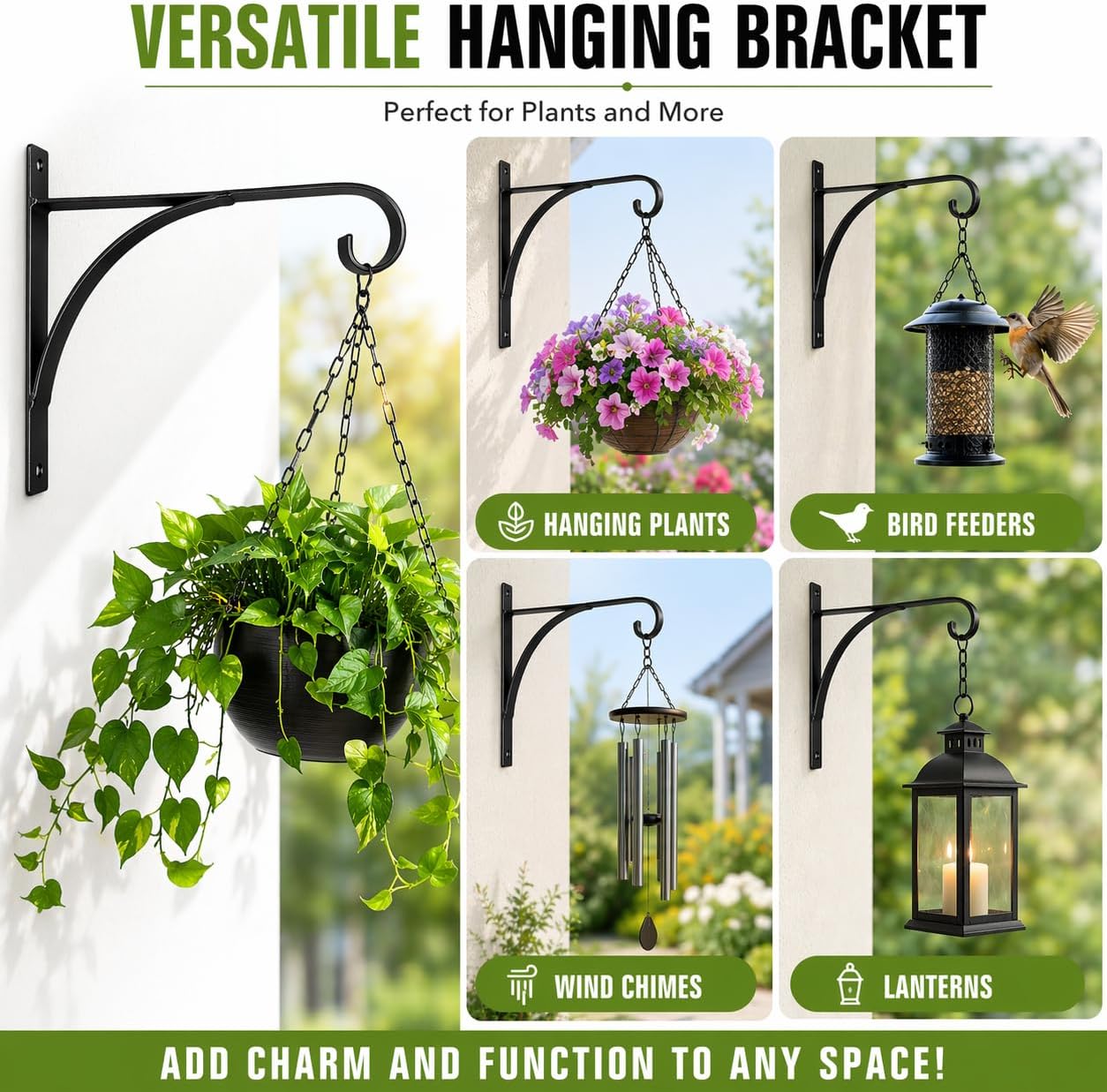 Plant Hangers Outdoor Indoor, 10 Inch Heavy Duty Wall Hooks 2/4 Pack, Decorative Iron Plant Hooks for Hanging Plants, Bird Feeders, Wind Chimes, Flower Baskets (1Pack)