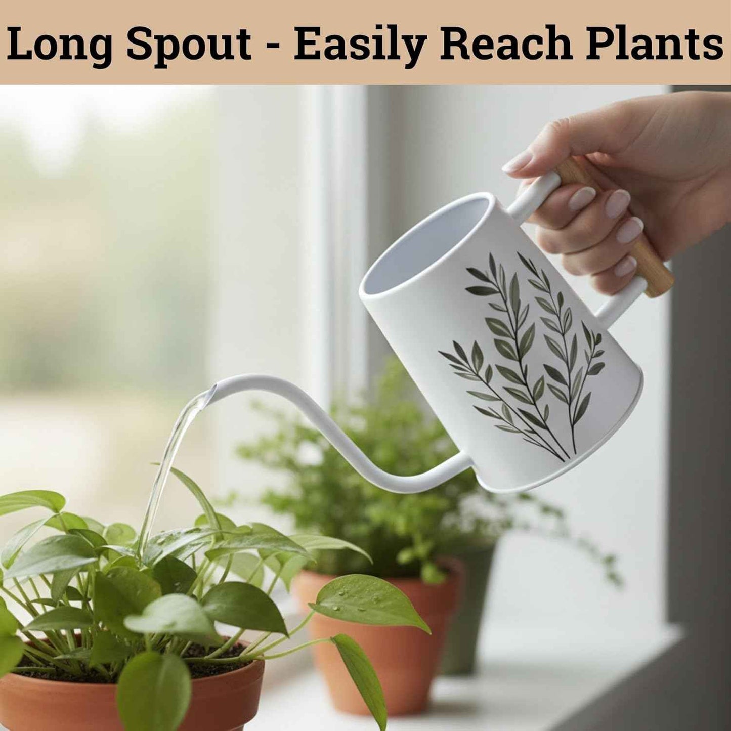 35 oz Metal Small Indoor Watering Can with Long Spout & Real Wood Handle for House Plants, Succulents, Cacti & Seedlings - White Long Spout Watering Can Indoor Plants - Stylish, Gentle Flow, No Spills