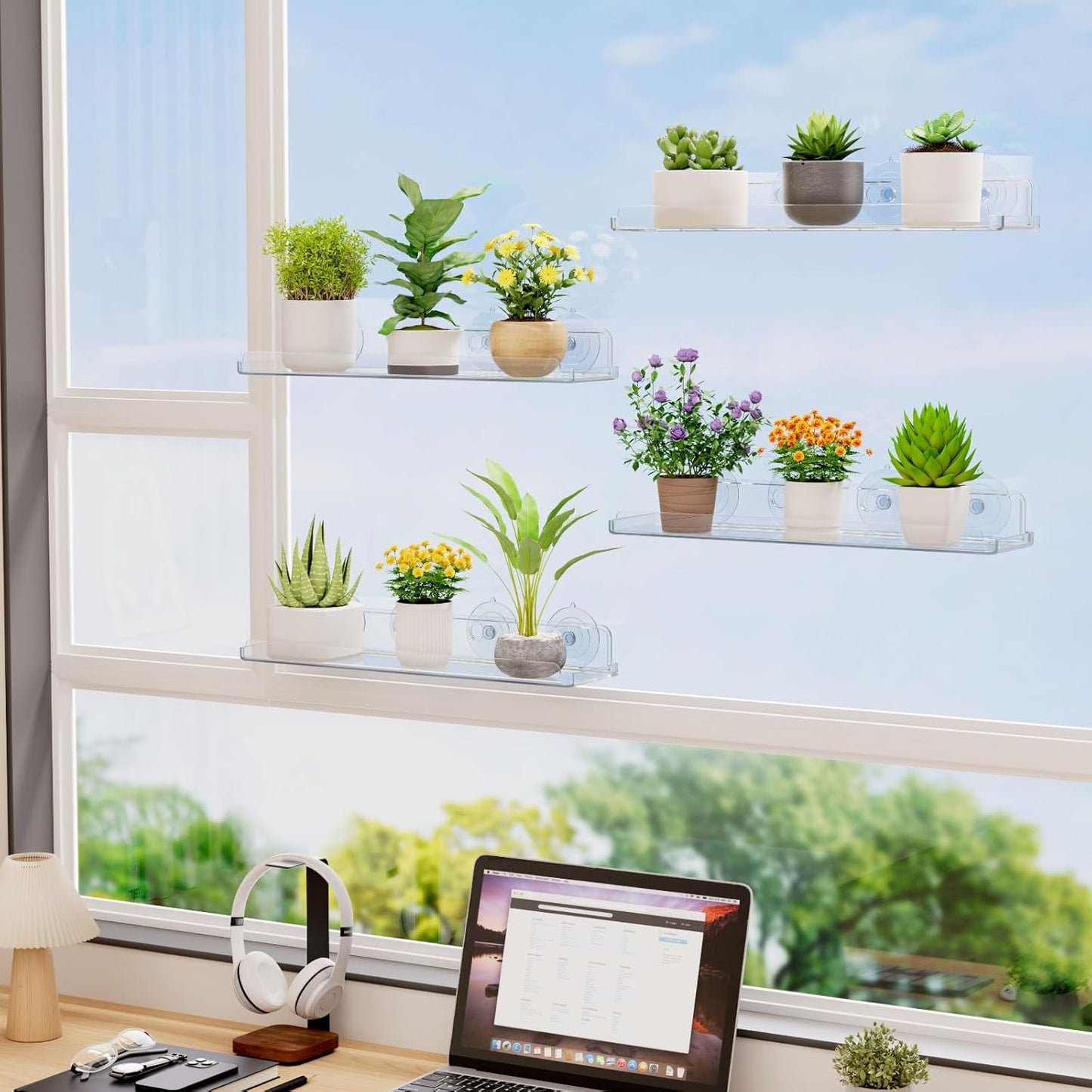 Lifewit Window Plant Floating Shelves 15 x 4 inch, 4 Pack Acrylic Suction Cup Shelf, Window Sill Extender for Indoor Succulent Plants, Micro Greens, Seed Starter Pots, Herb Planters