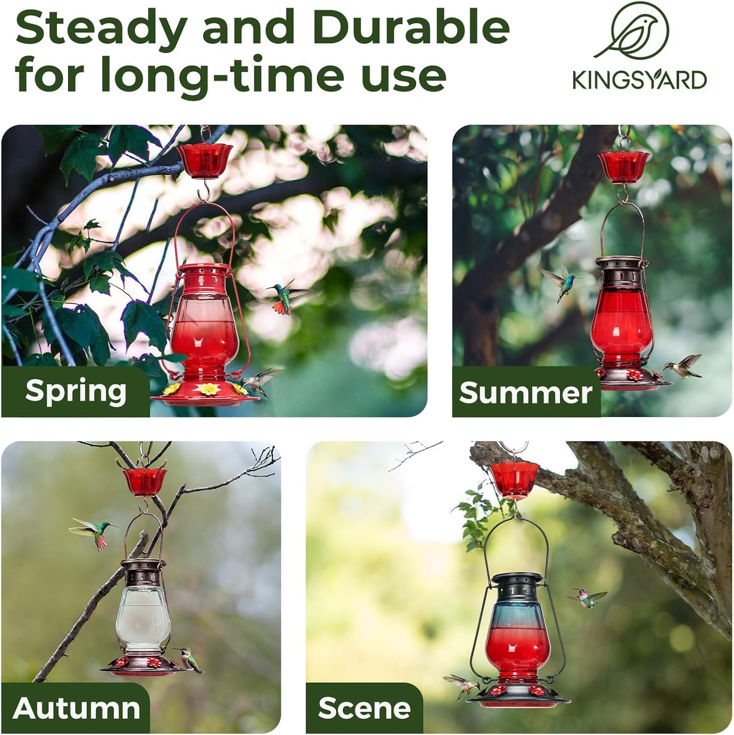 Kingsyard Glass Hummingbird Feeder for Outdoors Hanging - Vintage Lantern Style Leak-Proof Humming Bird Nectar Feeder with 6 Feeding Ports & Ant Moat for Outdoor Garden Decor, 24 Oz, Vintage Clear