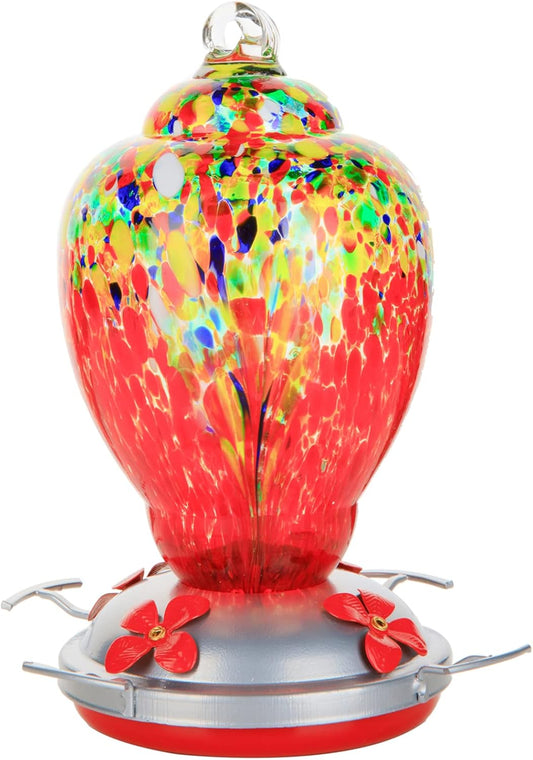 WOSIBO Hummingbird Feeder for Outdoors Patio Large 32 Ounces Colorful Hand Blown Glass Hummingbird Feeder with Ant Moat Hanging Hook, Rope, Brush and Service Card (Red-Sunrise)
