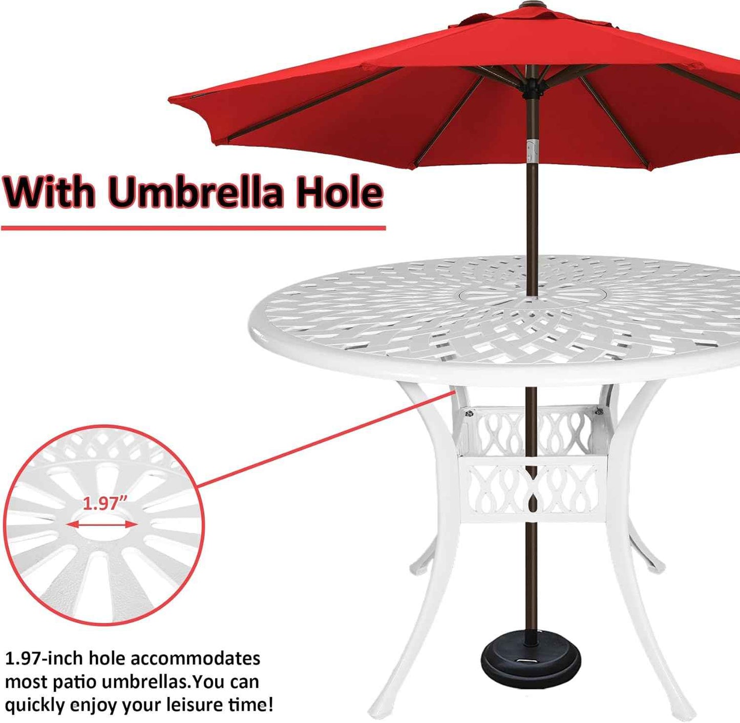 42 Inch Outdoor Patio Dining Table Round Cast Aluminum Table with 1.97" Umbrella Hole, All Weather Metal Bistro Table for Porch,Backyard,Garden,Balcony,White